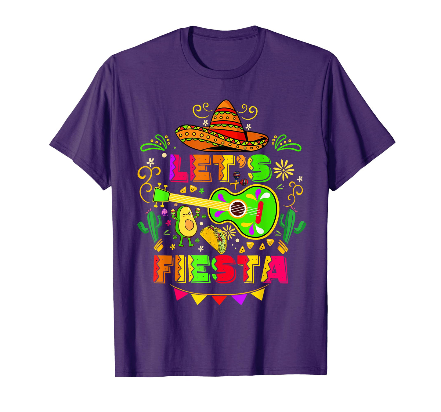 Lets Fiesta Taco Guitar Avocado Sombrero Cinco De Mayo T-Shirt