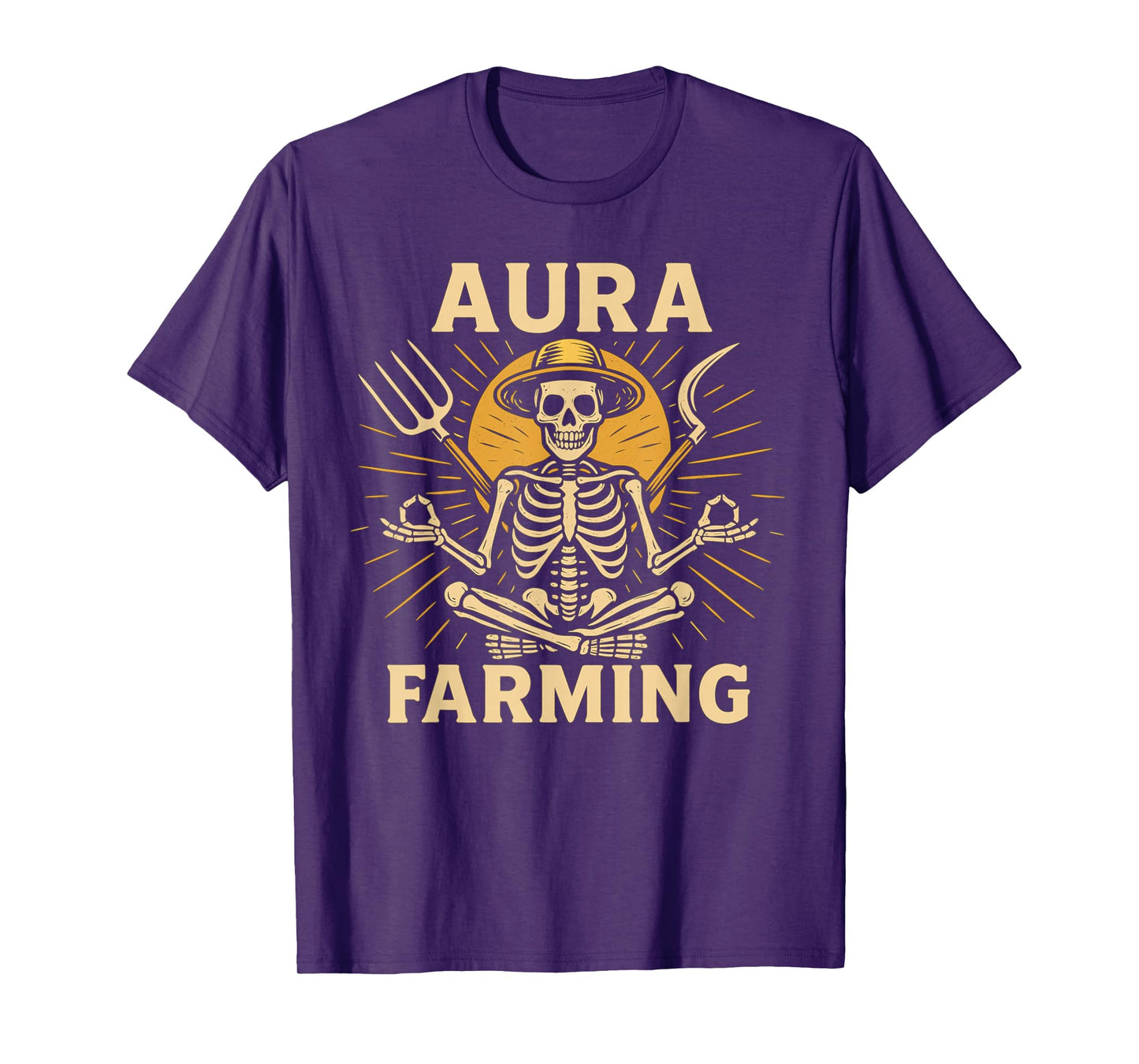 Aura Farming Skeleton – Zen Farmer Meditating with Pitchfork T-Shirt