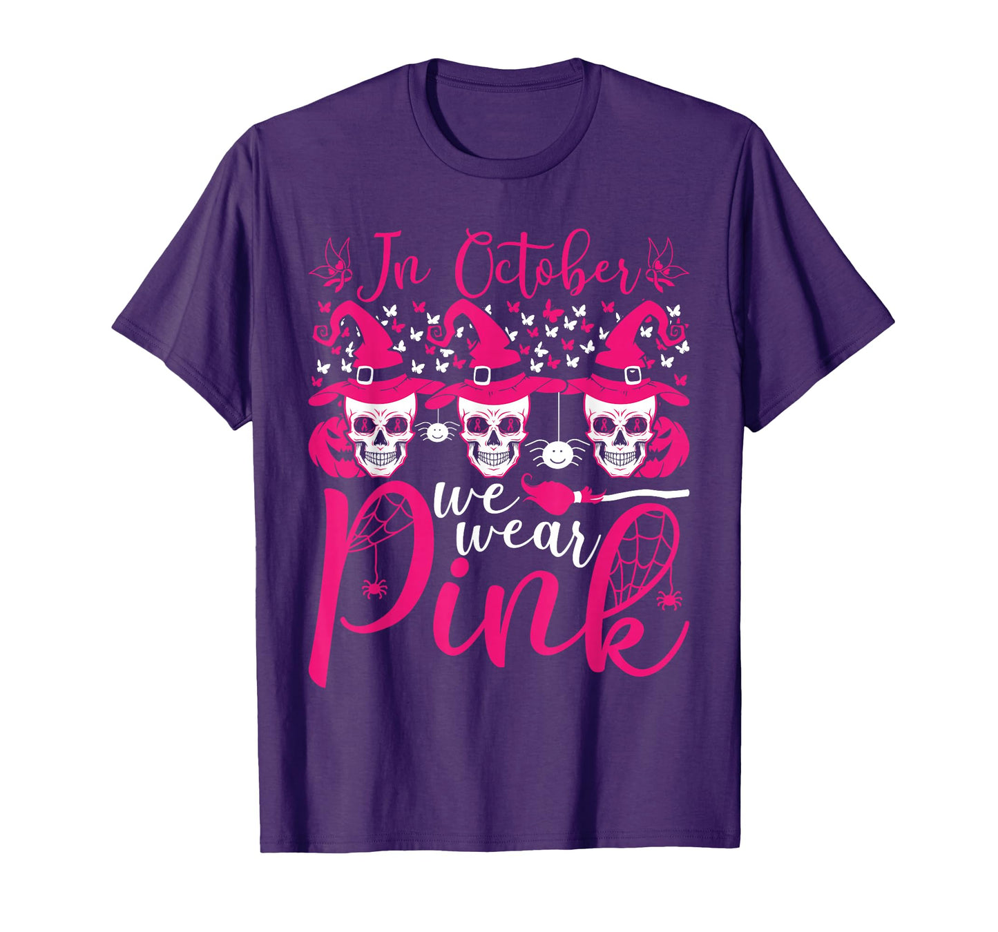 in October We Wear Pink Sugar Skull Breast Cancer Halloween T-Shirt