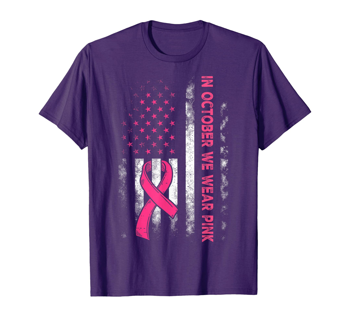 in October We Wear Pink Us Flag Breast Cancer Awareness T-Shirt