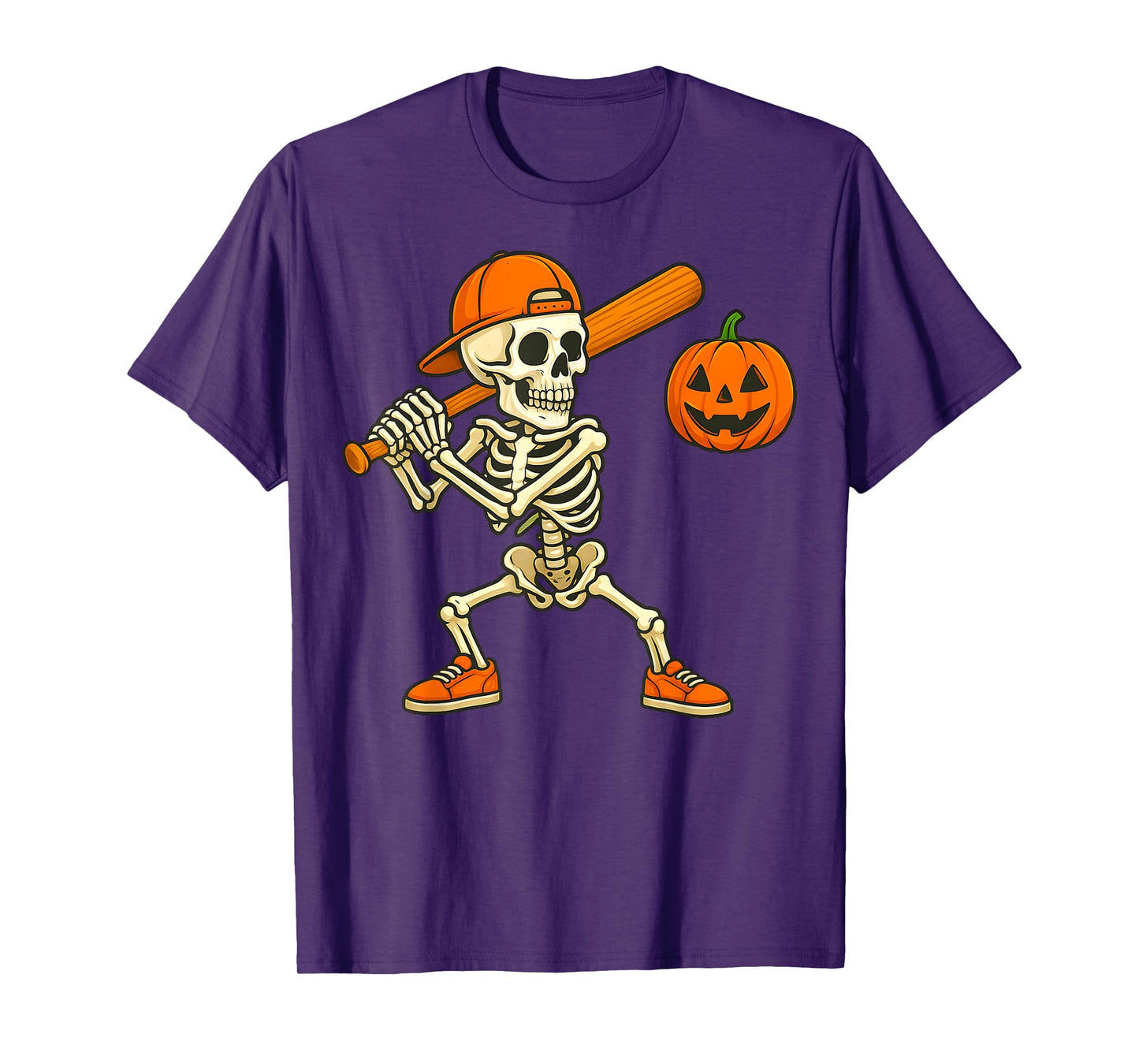 Funny Skeleton Batting Pumpkin Baseball Halloween Costume T-Shirt