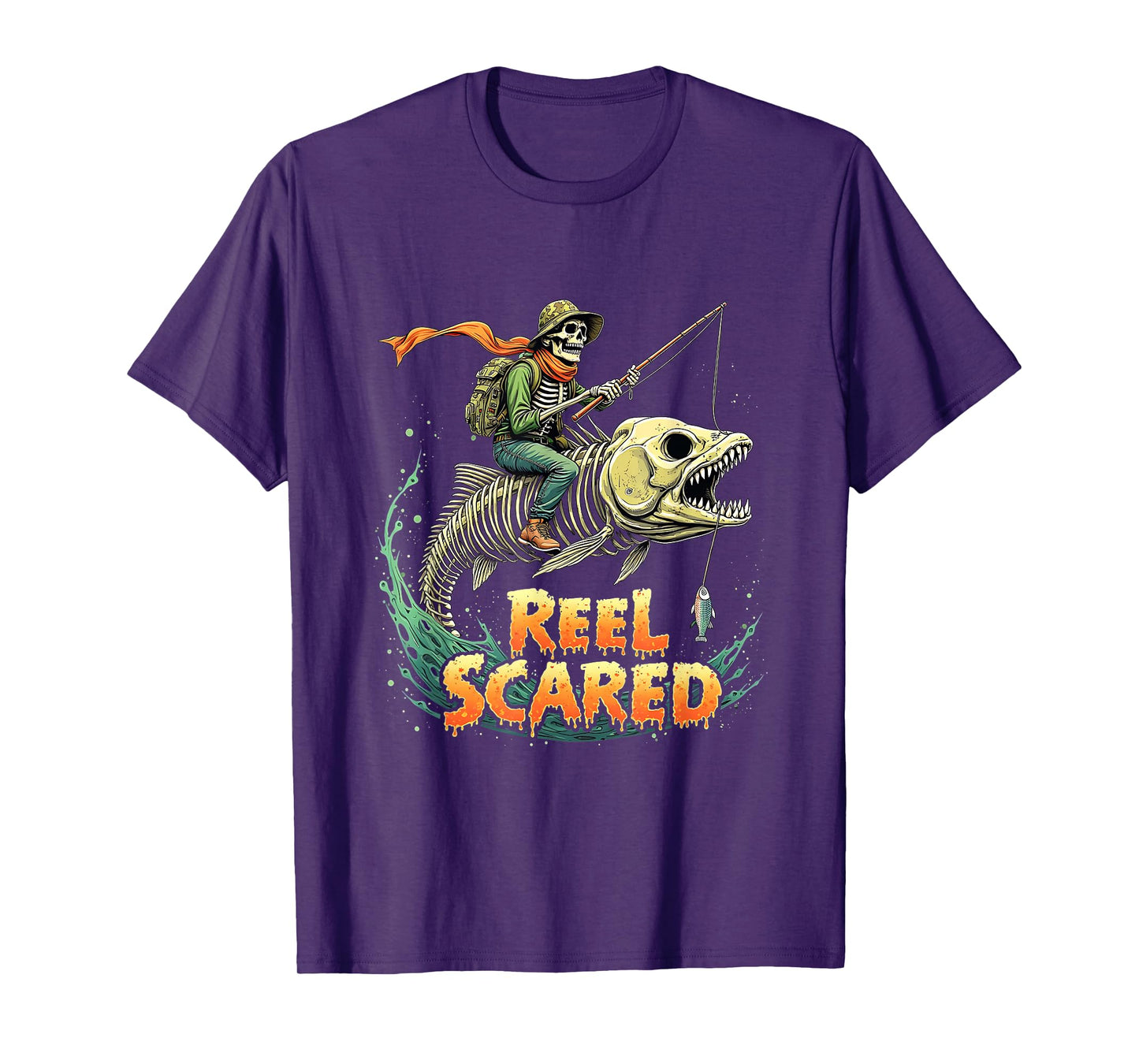 Halloween Fishing Fisherman Skeleton Funny Retro Reel Scared T-Shirt