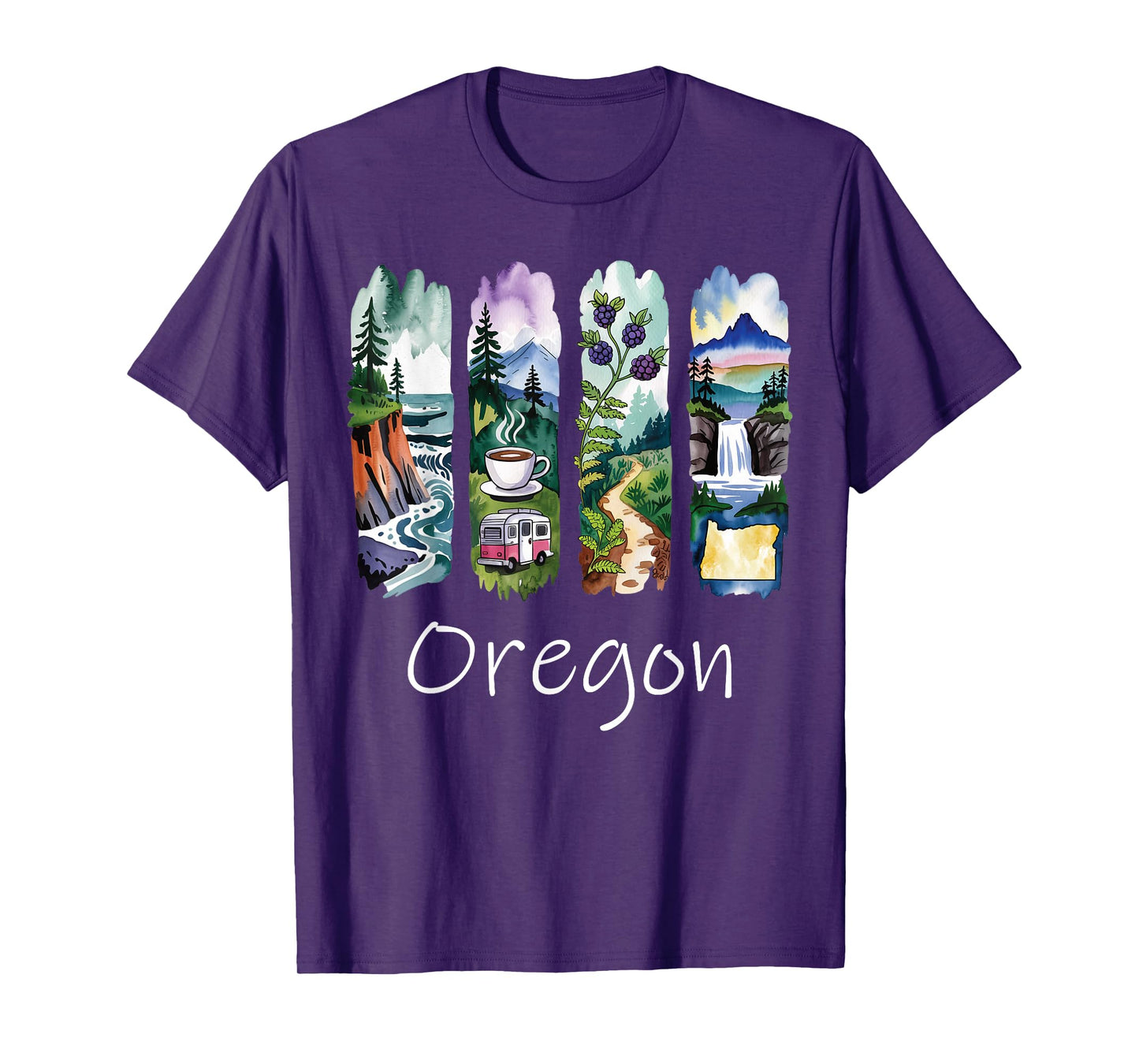 Oregon Brushstroke Coast Coffee Mountains Forest Waterfall T-Shirt