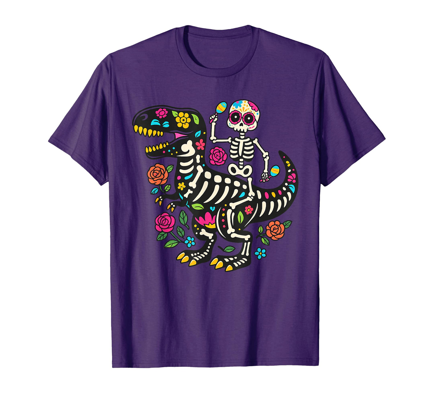 Mexican Dia De Los Muertos Skeleton Dinosaur Funny Halloween T-Shirt