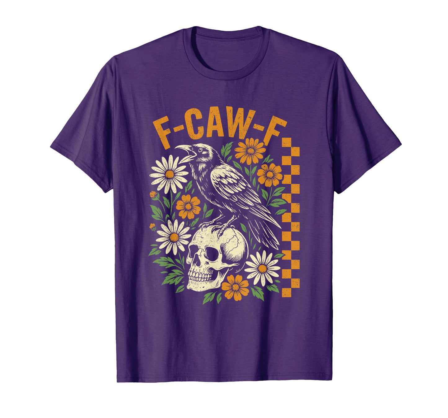 Retro Black Crow F-Caw-F Black Bird Skull Floral Halloween T-Shirt