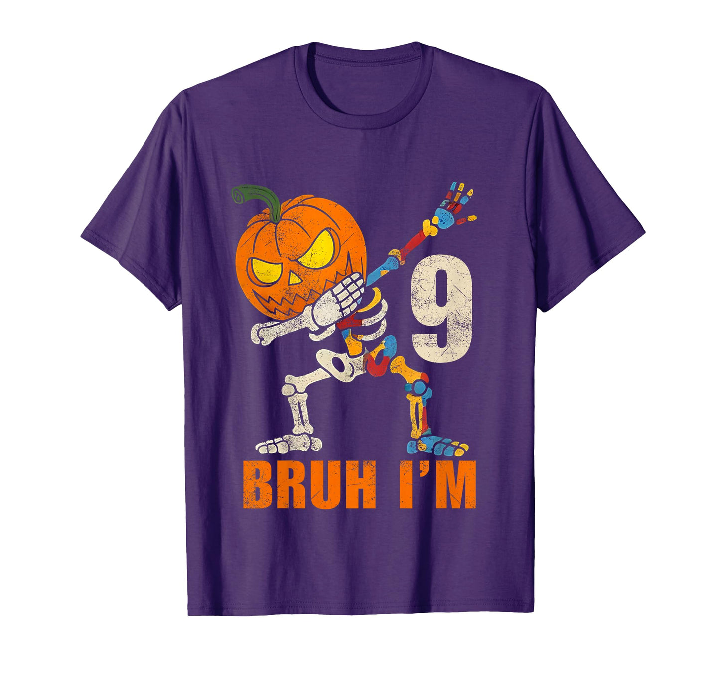 Kids Bruh I’m 9 Skeleton Autism Awareness Dabbing Halloween Boys T-Shirt