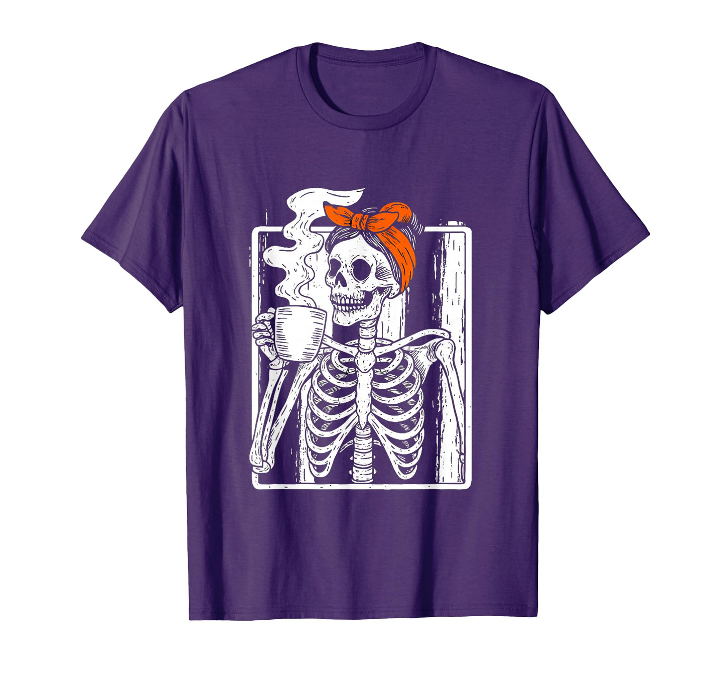 Halloween Coffee Drinking Skeleton Messy Bun Women Girl T-Shirt