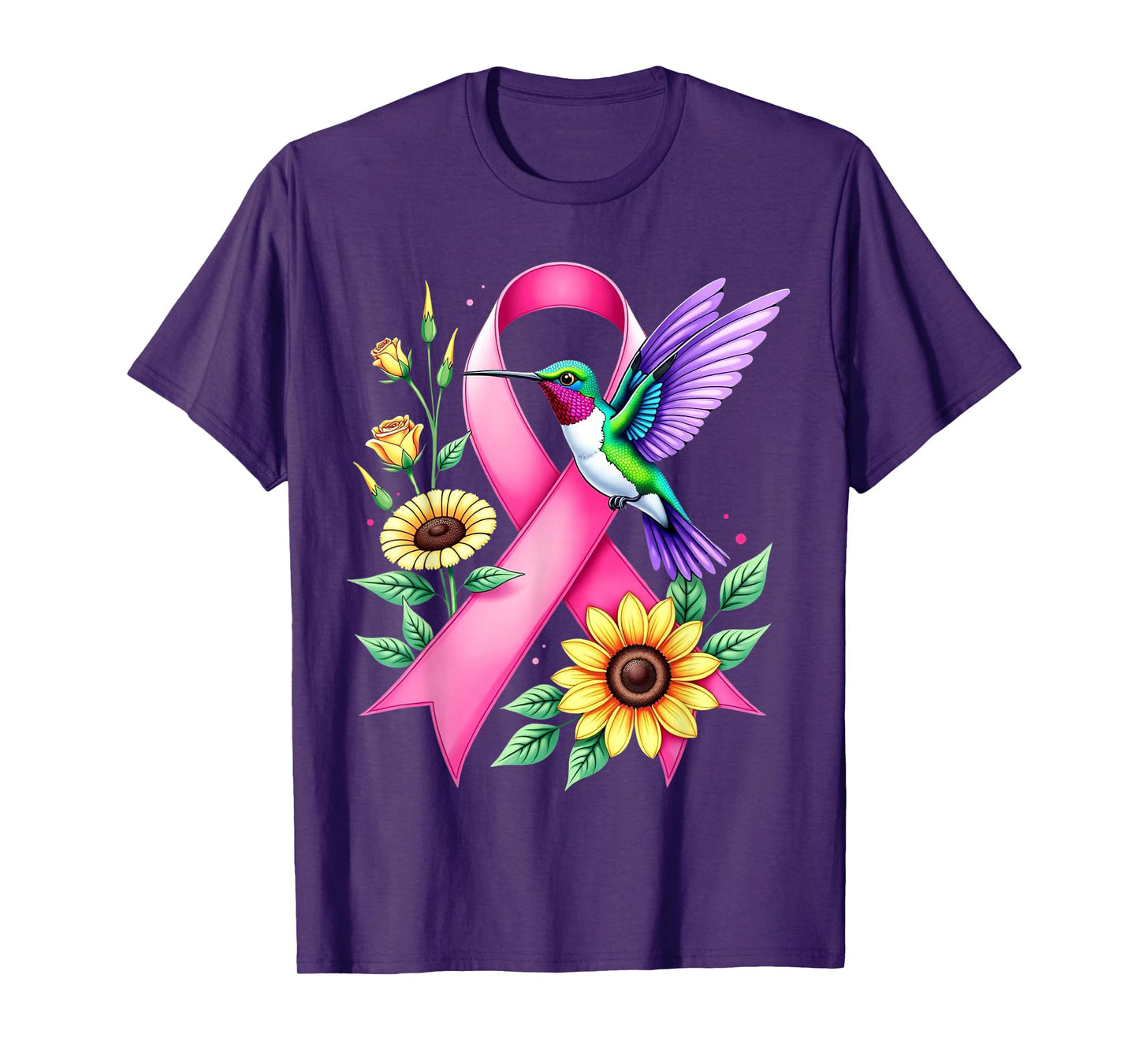 Hummingbird Sunflower Pink Ribbon Breast Cancer Awareness T-Shirt