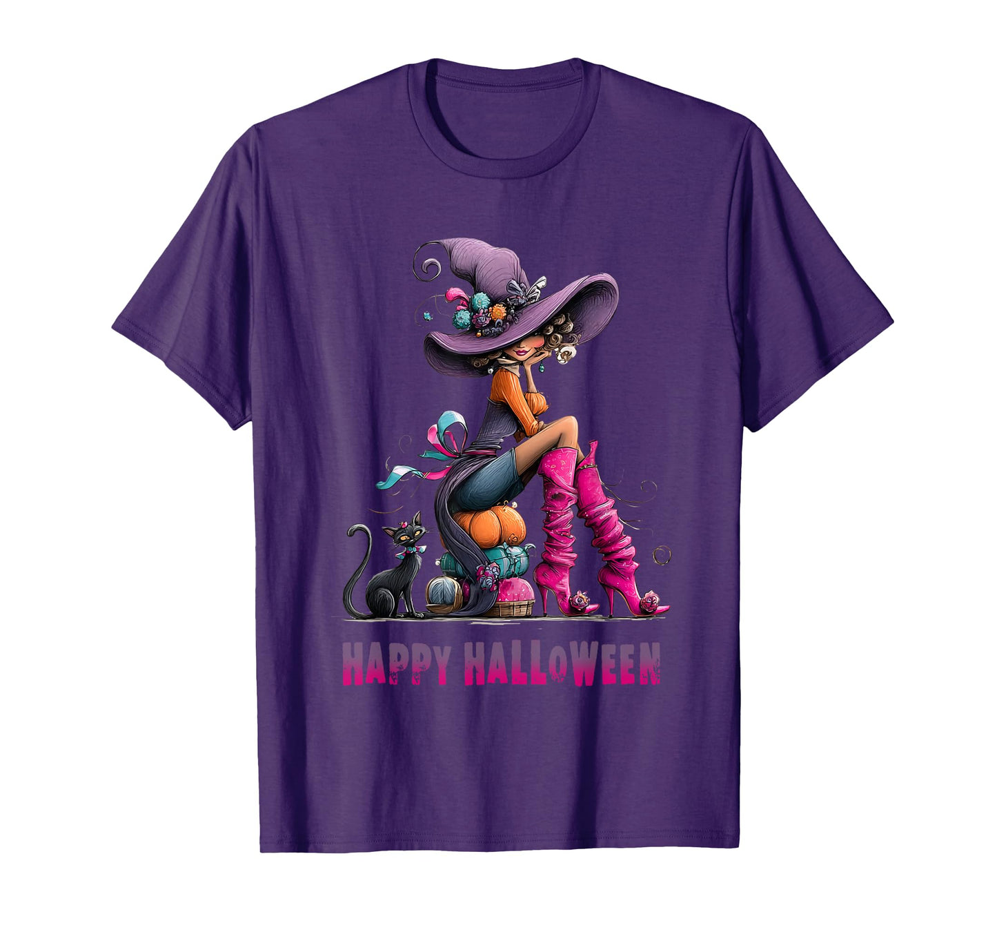 Spooky Witch High Heels with Black Cat Halloween Pumpkin T-Shirt