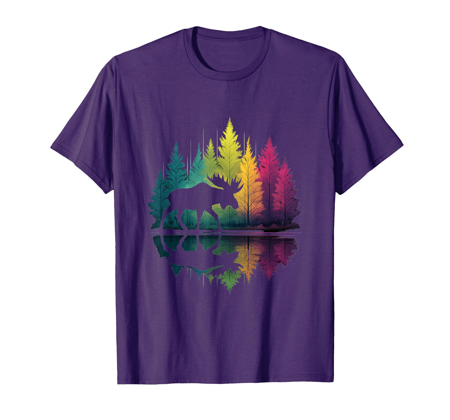 Moose Reflection Rainbow Trees Nature Lovers Tee T-Shirt