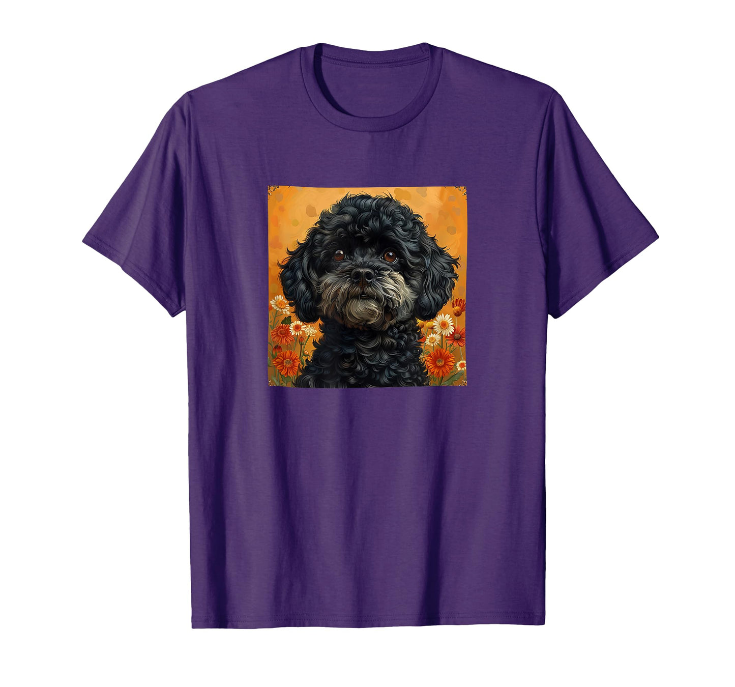 Black Poodle With Flowers Around Boho Style Graphic T-Shirt