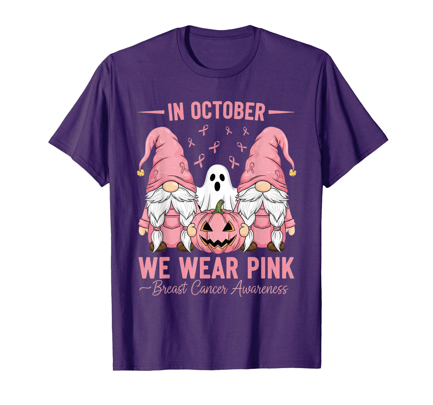 in October We Wear Pink Breast Cancer Gnomes Halloween Ghost T-Shirt