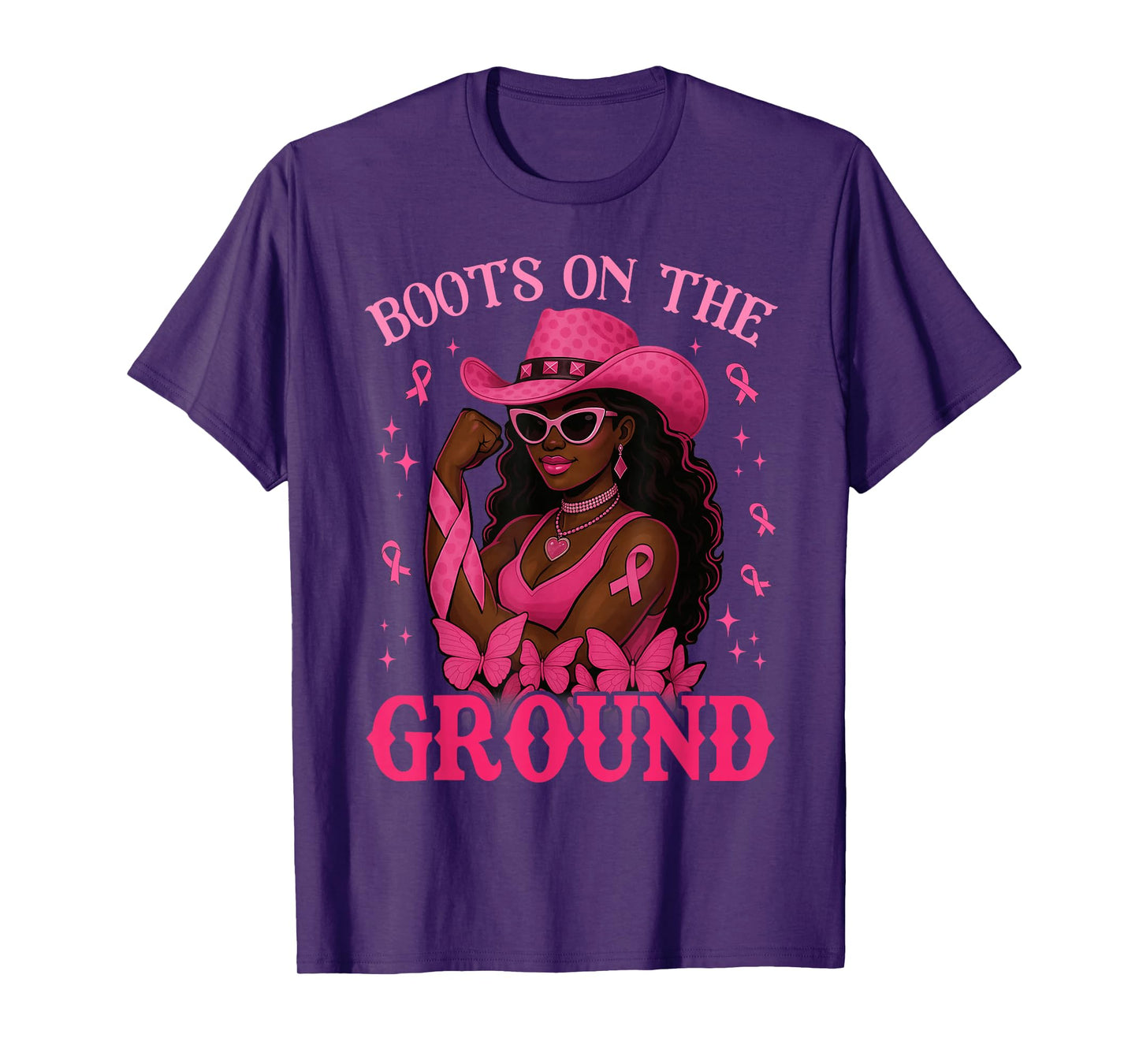 Boots On The Ground Pink Cowgirl Breast Cancer Western Women T-Shirt