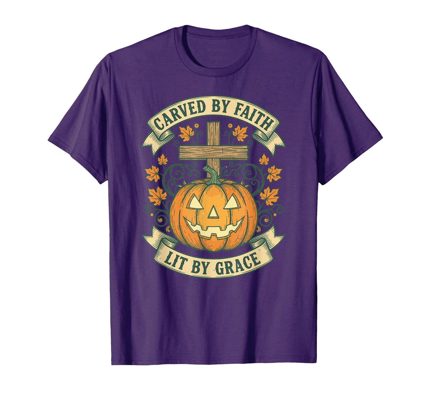 Carved by Faith Lit by Grace Vintage Pumpkin Cross Autumn T-Shirt
