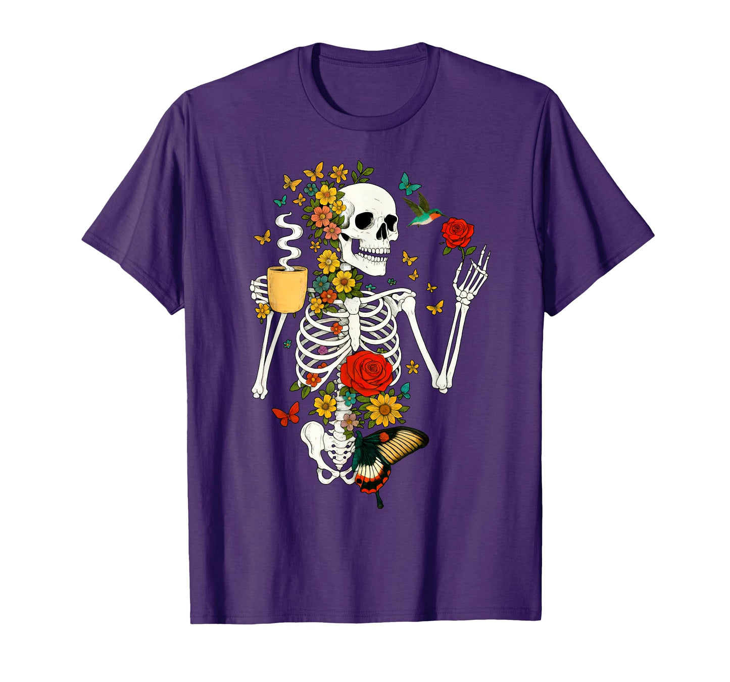 Cool Skeleton Plant Drinking Coffee for Women Halloween T-Shirt