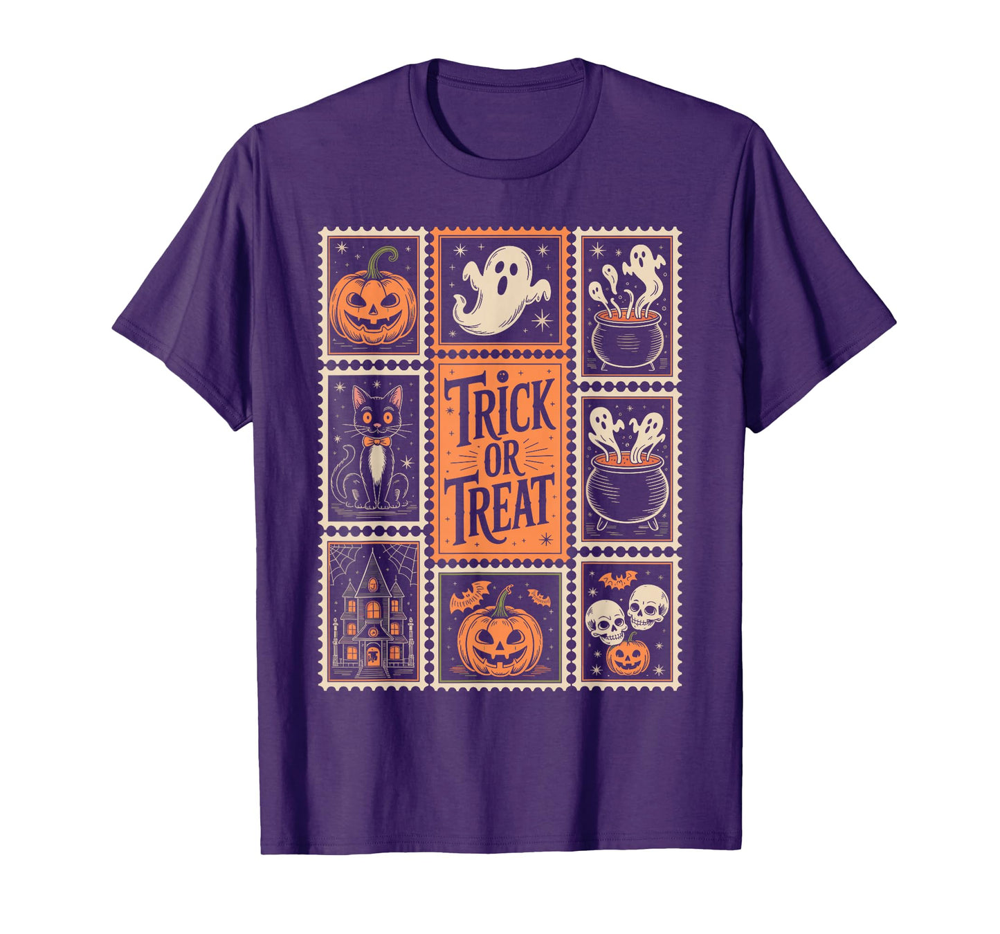 Halloween Stamps Spooky Pumpkin Ghost Cat Witch Skeleton T-Shirt
