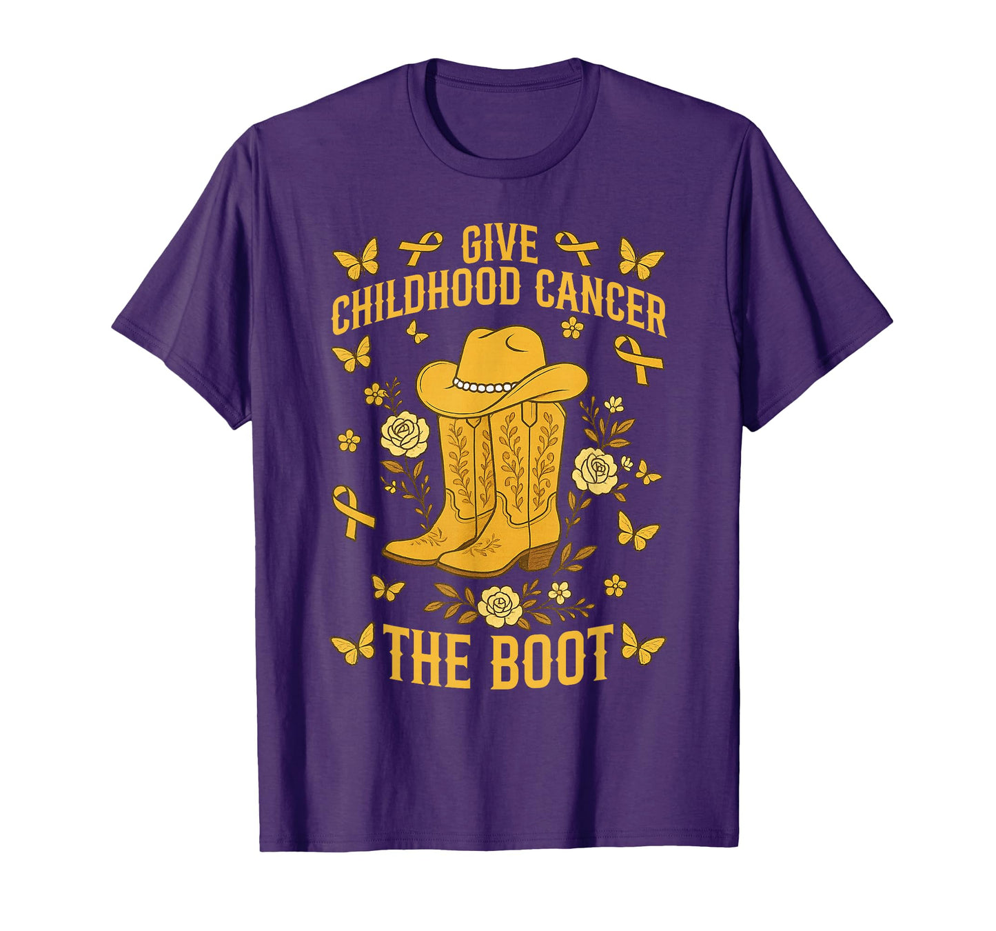 Vintage Give Childhood Cancer The Boot Cowgirl Gold Ribbon T-Shirt