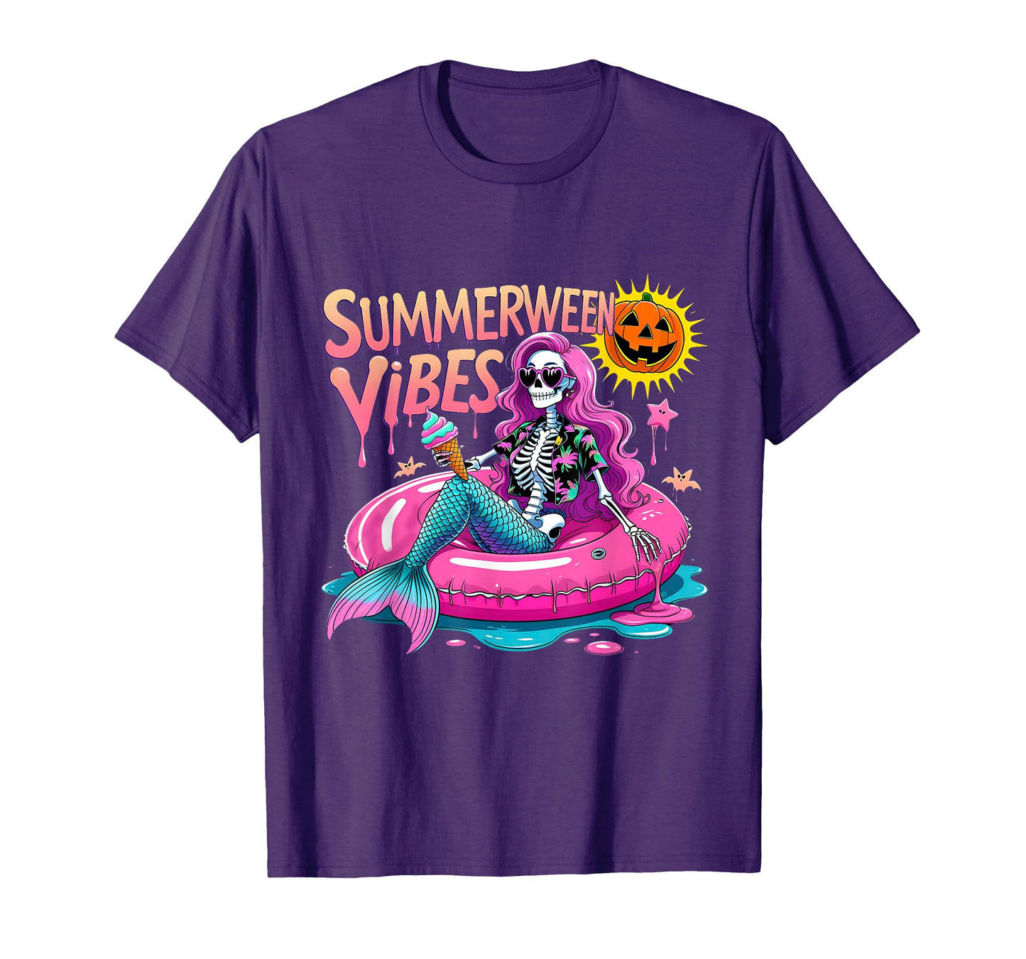 Spooky Summerween Skeleton Pool Float Design T-Shirt