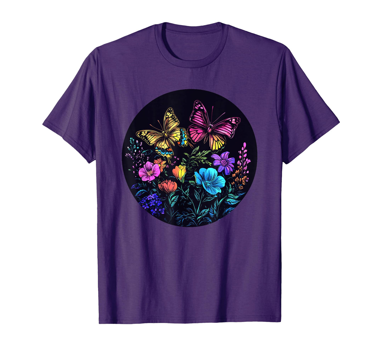 Vibrant Butterflies Over Rainbow Flowers T-Shirt