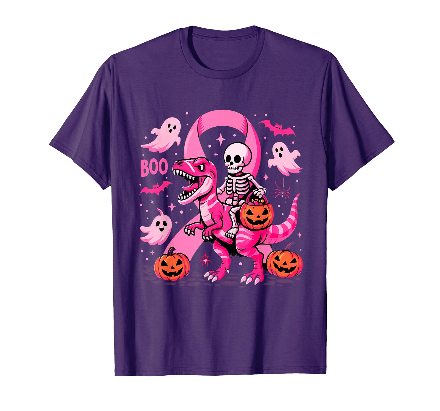 Skeleton Riding T Rex Dinosaur Boo Ghost Pink Breast Cancer T-Shirt