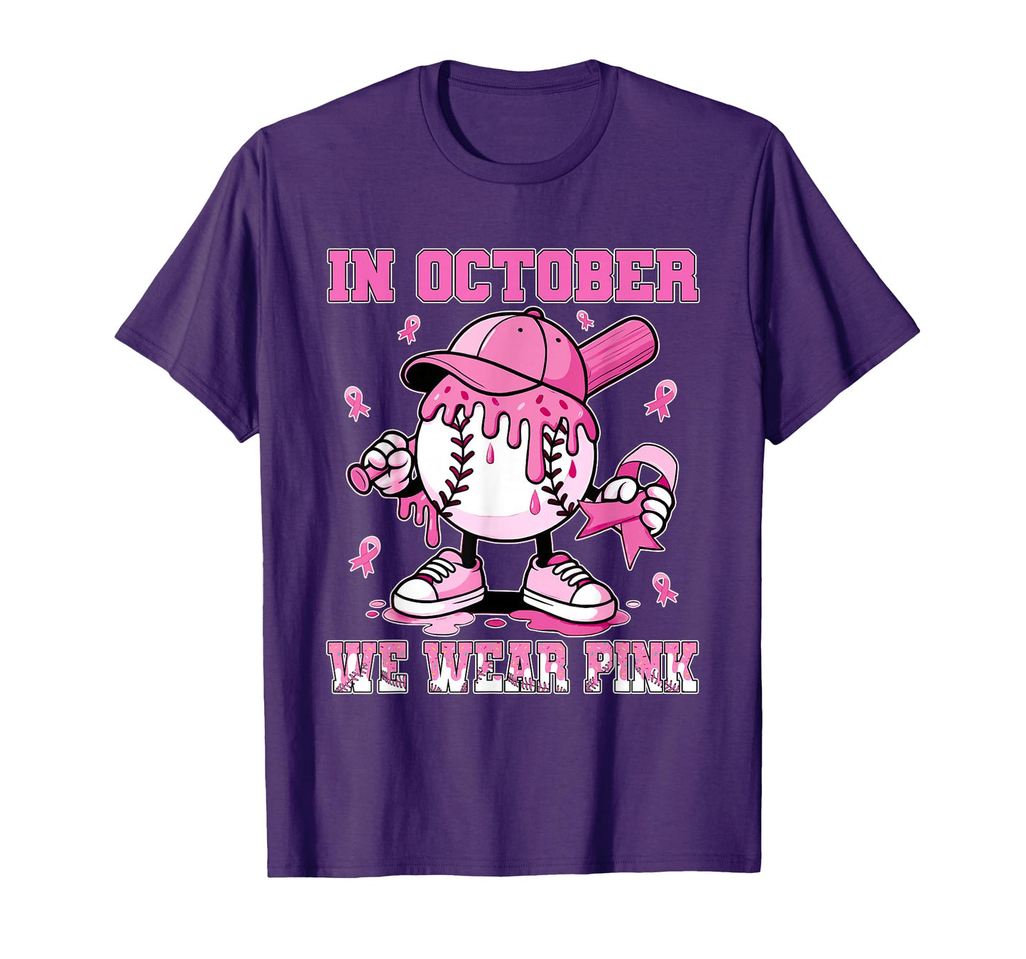 in October We Wear Pink Baseball Drip Breast Cancer T-Shirt
