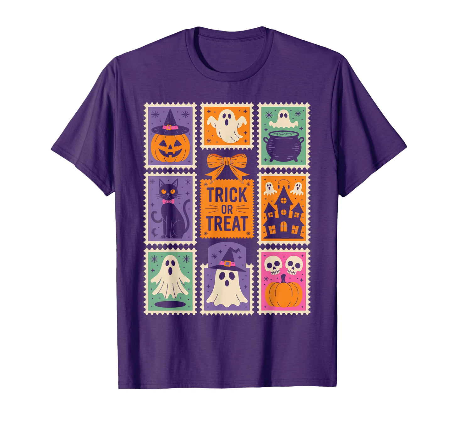 Halloween Stamps Spooky Pumpkin Ghost Cat Witch Skeleton T-Shirt