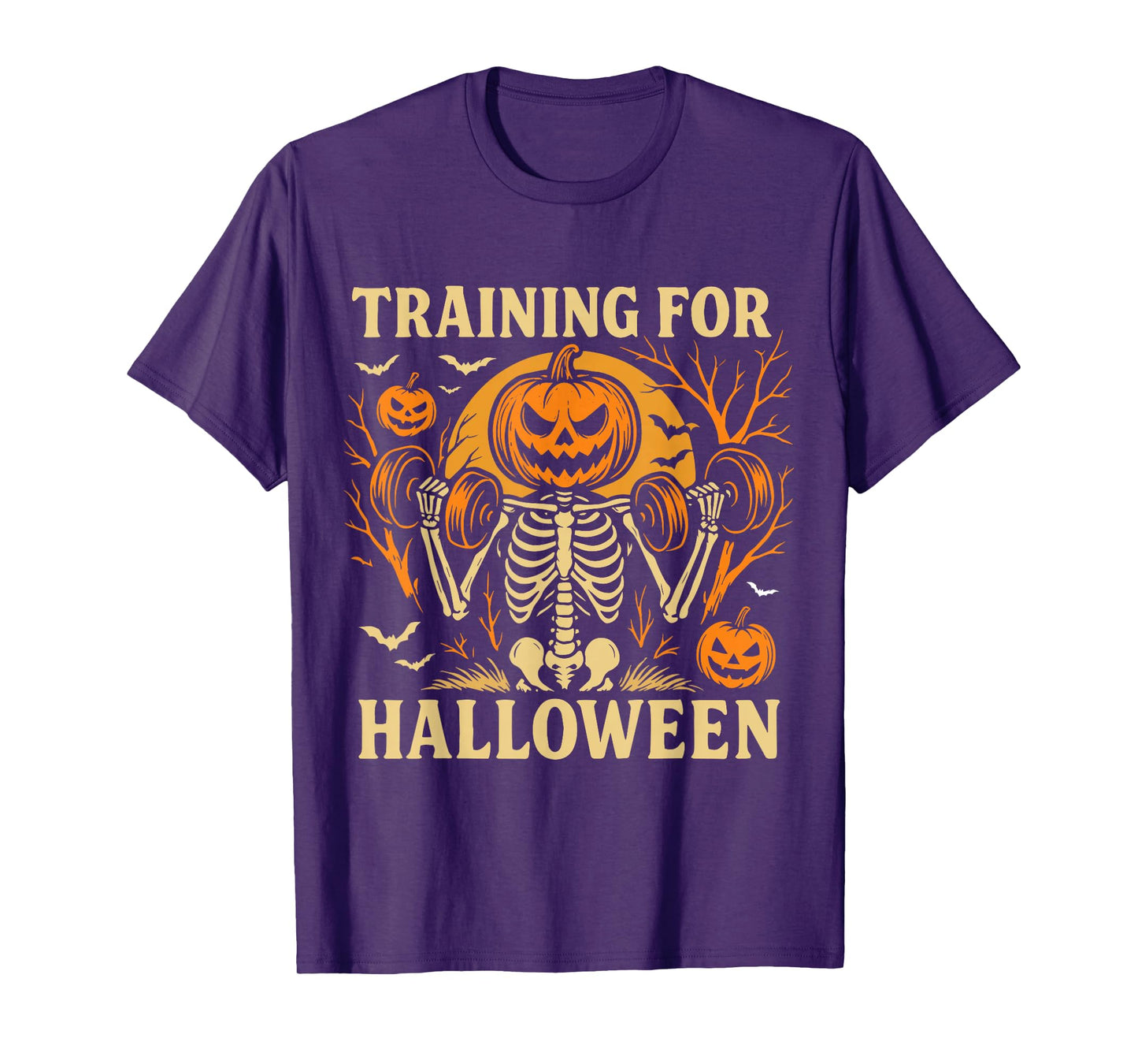 Funny Skeleton Pumpkin Halloween Gym Workout Weight Lifting T-Shirt