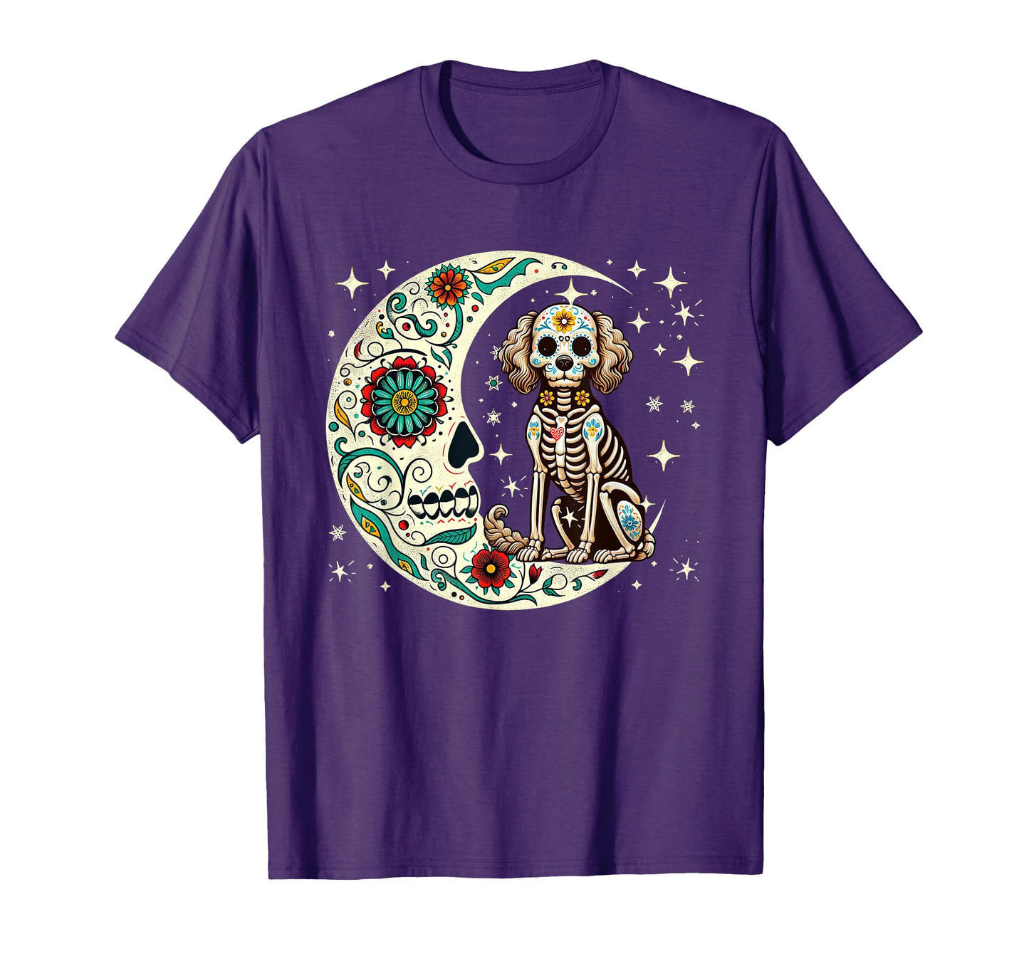 Dia De Los Muertos Halloween Moon Floral Skeleton Sproodle T-Shirt