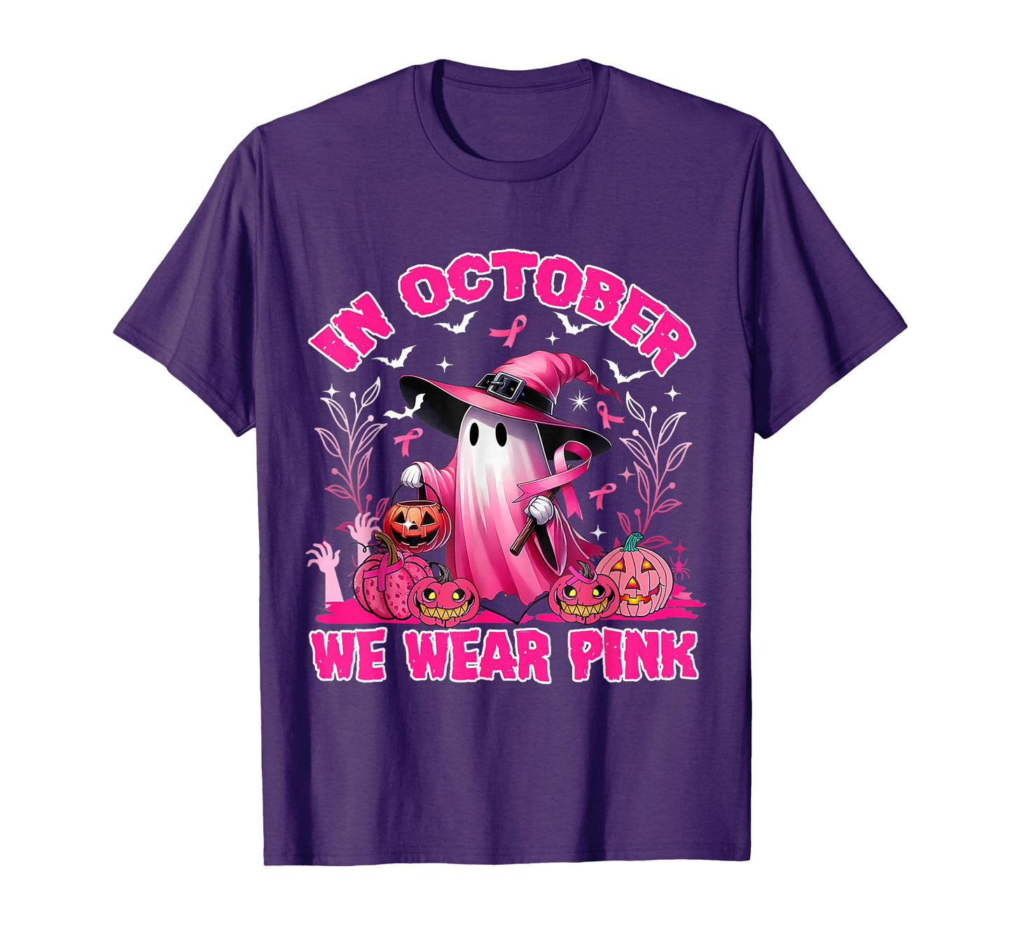 In October We Wear Pink Ghost Witch Breast Cancer Awareness T-Shirt