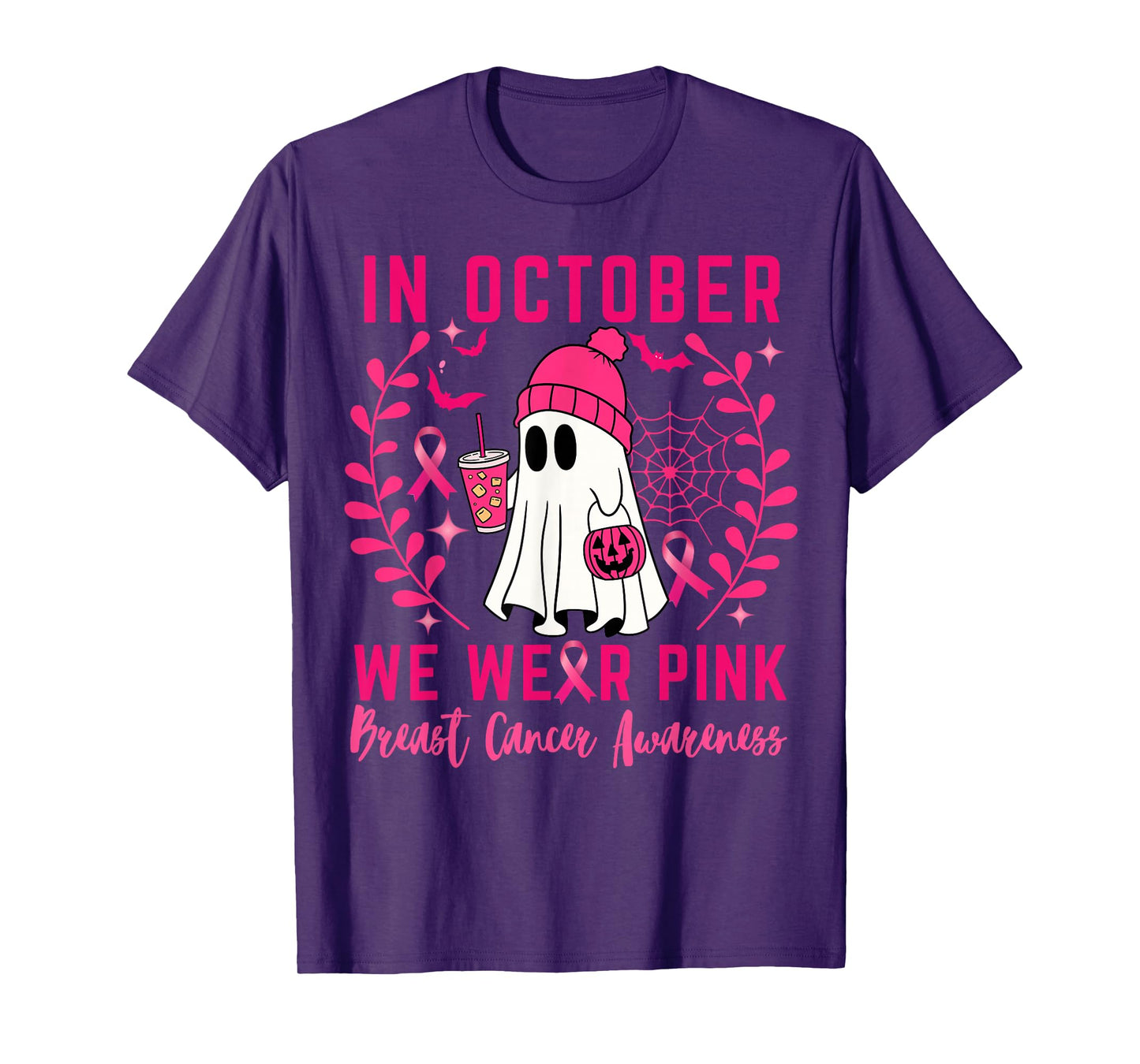 Breast Cancer Cute Ghost Halloween in October We Wear Pink T-Shirt