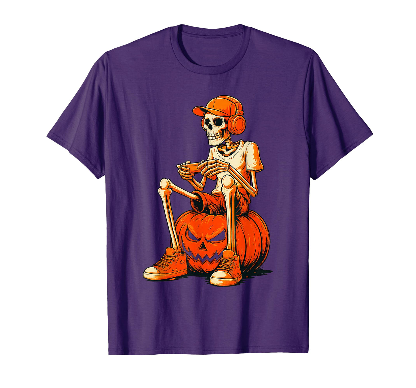 Pumpkin Halloween Skeleton Gamer Video Gaming Boys Men Kids T-Shirt