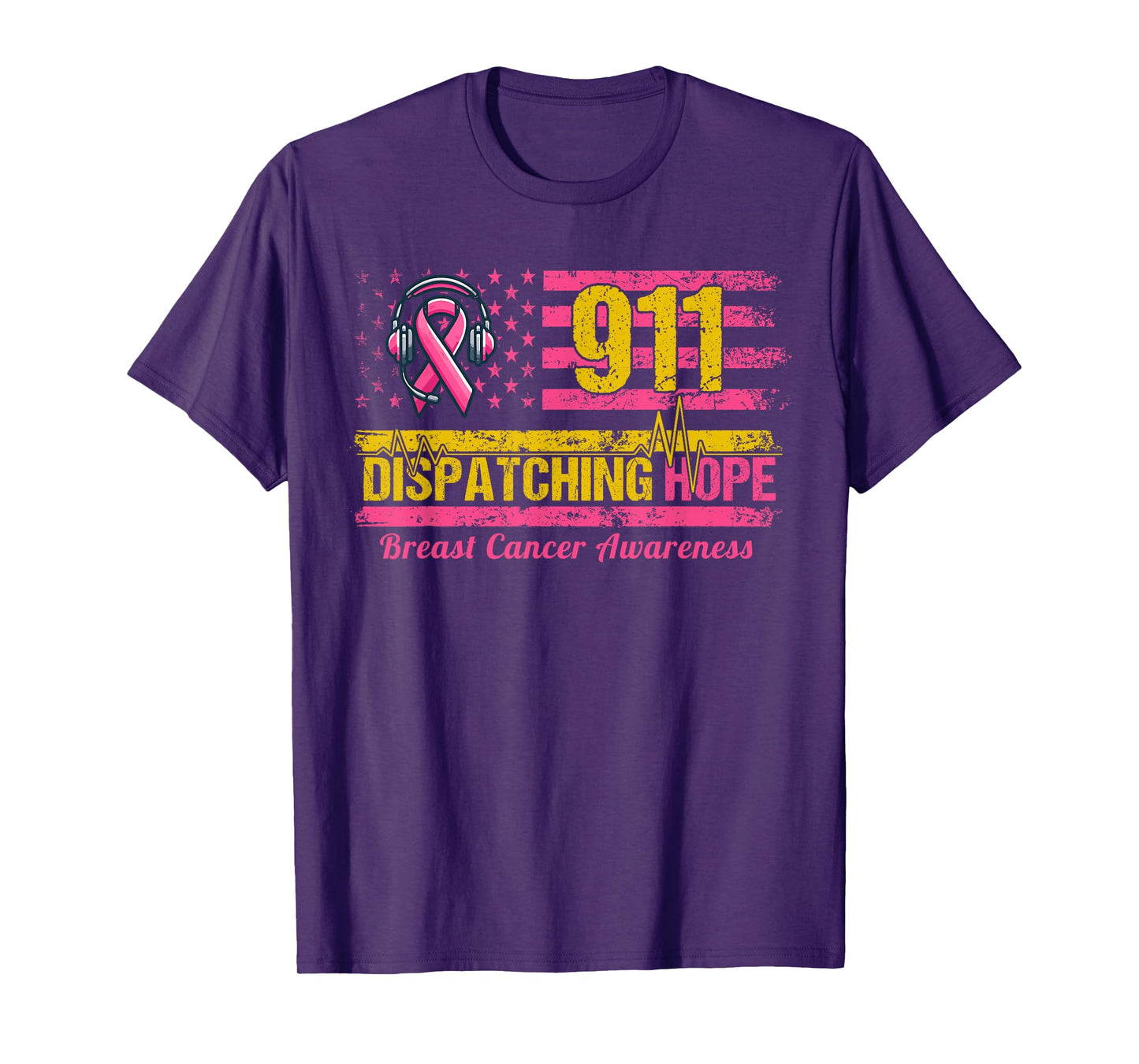 911 Dispatcher Breast Cancer Awareness American Flag T-Shirt
