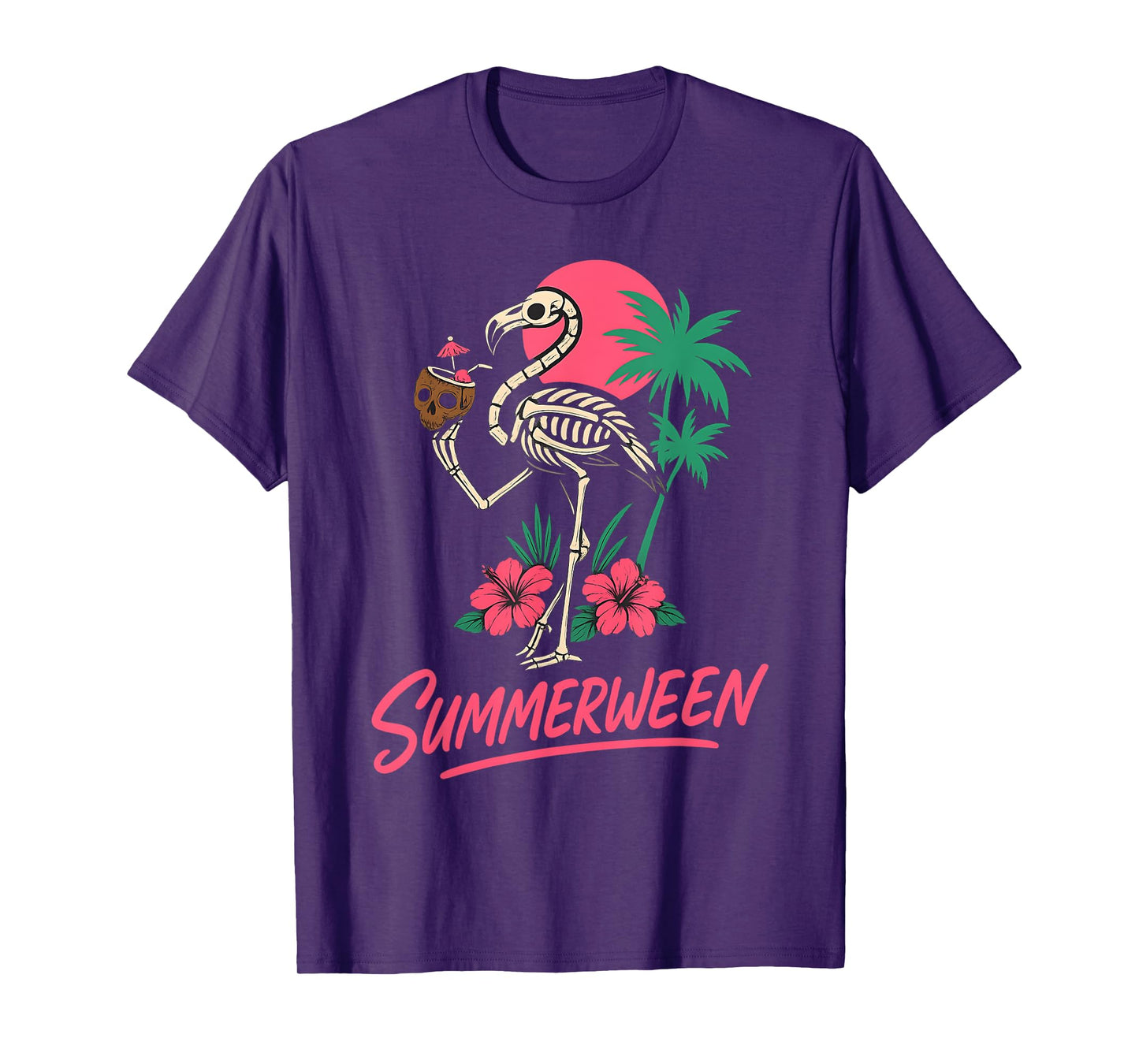 Funny Spooky Summerween Skeleton Flamingo with Coconut Drink T-Shirt