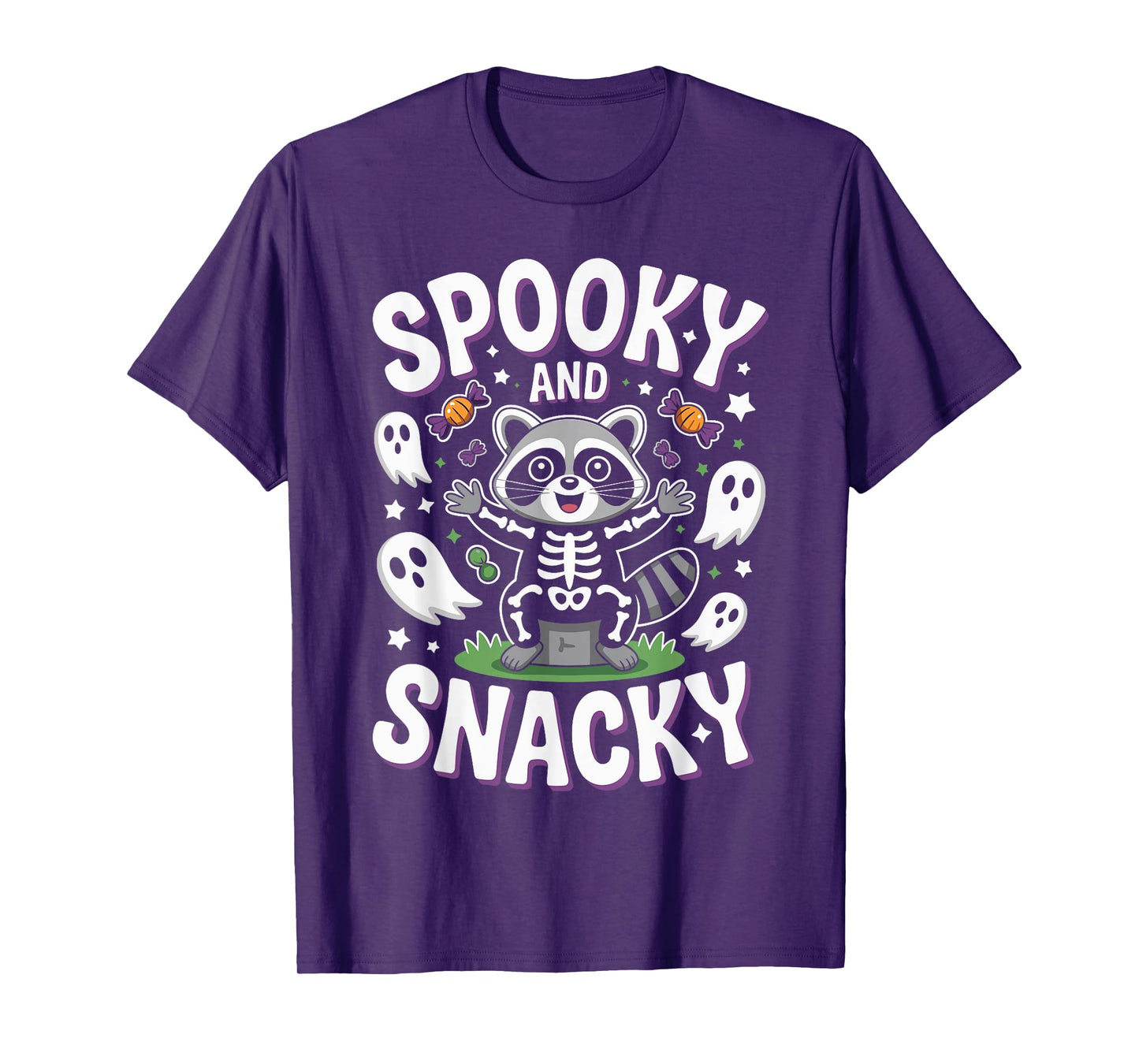 Spooky and Snacky Cute Skeleton Raccoon Ghosts and Candy T-Shirt