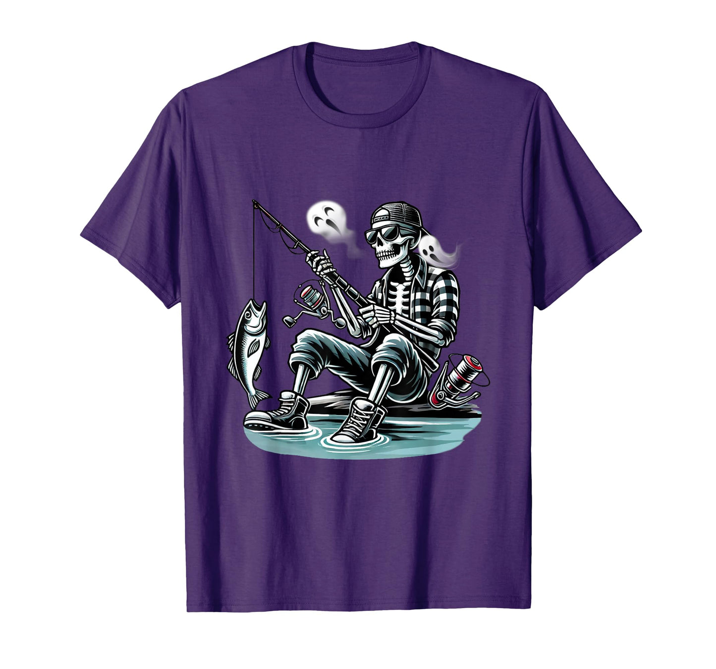 Cute Skeleton Fishing Halloween Ghost Fisherman Boys Men T-Shirt