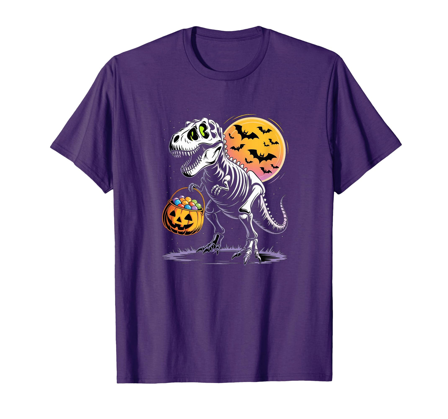 T-Rex Skeleton Haloween Night Pumpkin Bucket Bats Moon Fun T-Shirt