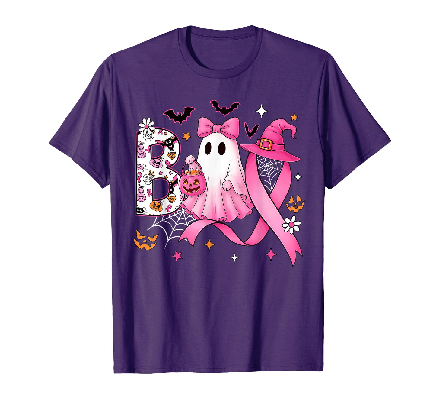 Boo Halloween Pumpkin Pink Ribbon Witch Breast Cancer Women T-Shirt
