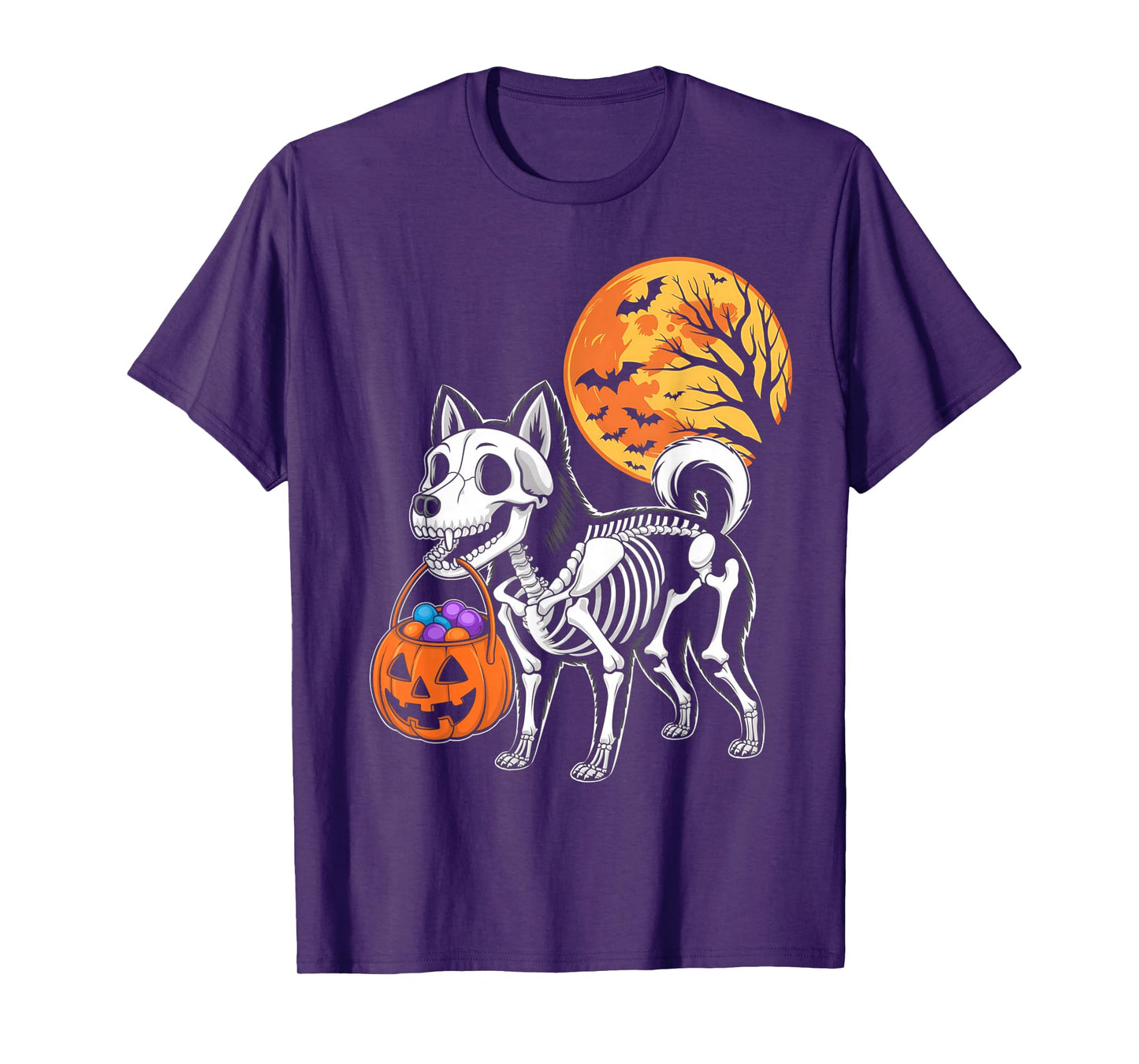 Akitas Dog Skeleton Scary Pumpkin Moon Halloween T-Shirt