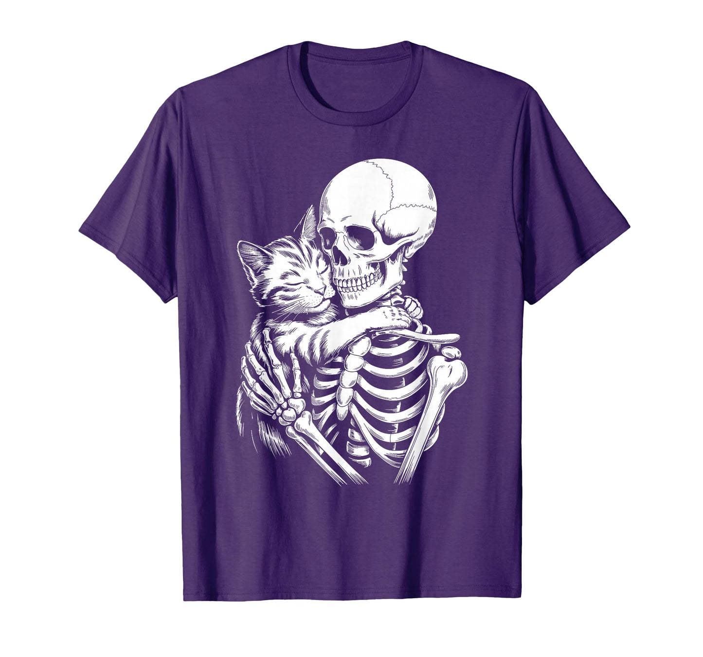 Skeleton Hugging Cat Lover Spooky Season Halloween T-Shirt
