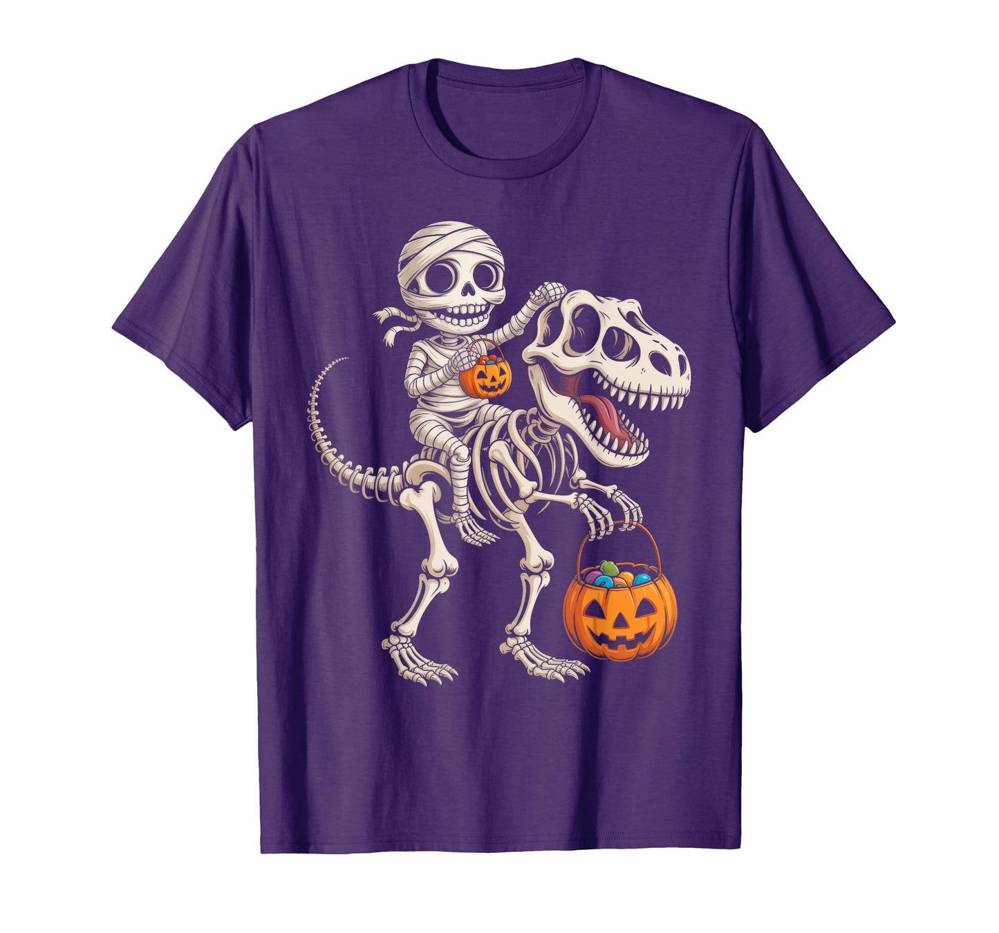 Mummy Skeleton Riding Dinosaur T Rex Kids Boys Men Halloween T-Shirt
