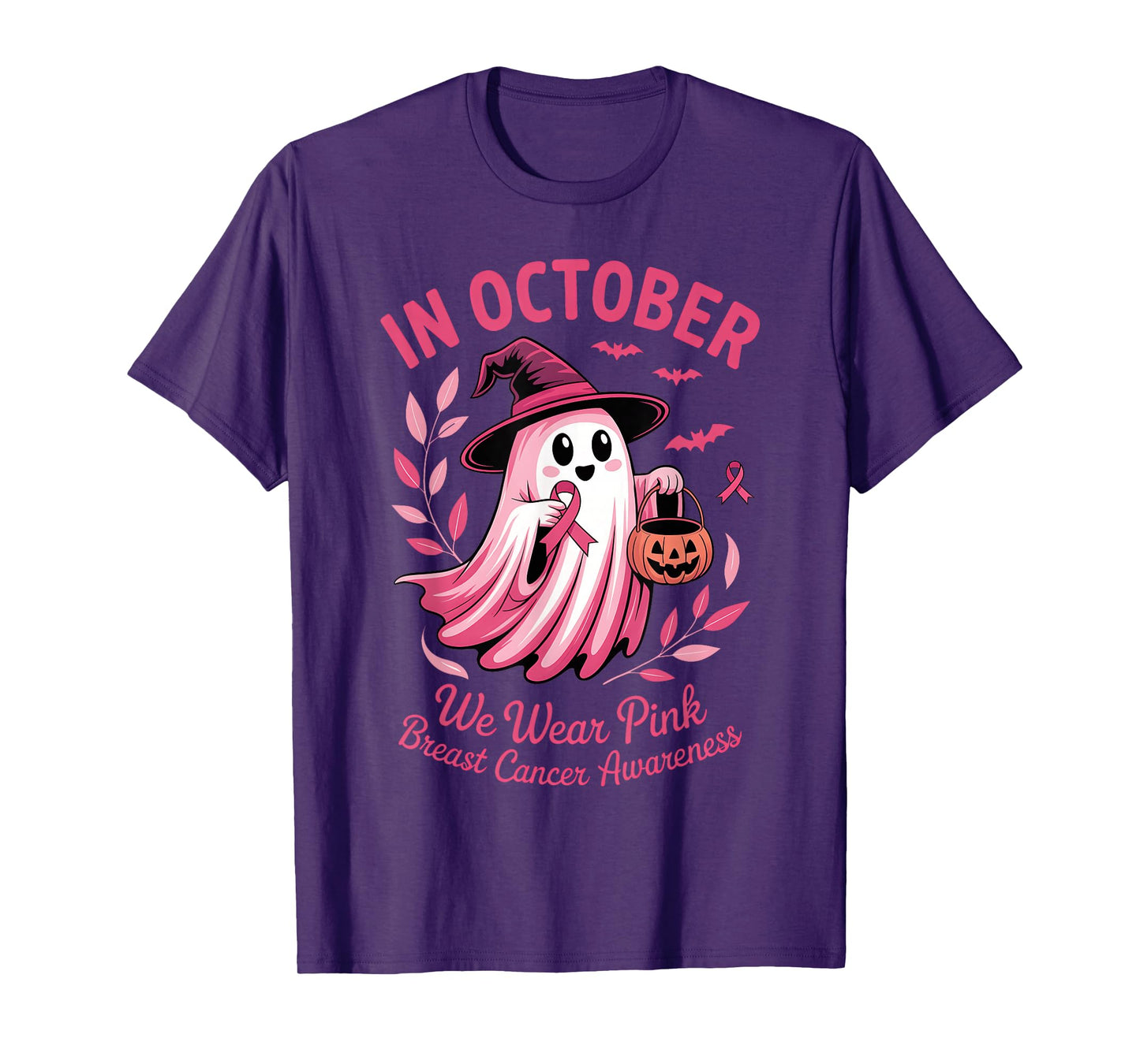 In October We Wear Pink Ribbon Ghost Halloween Breast Cancer T-Shirt