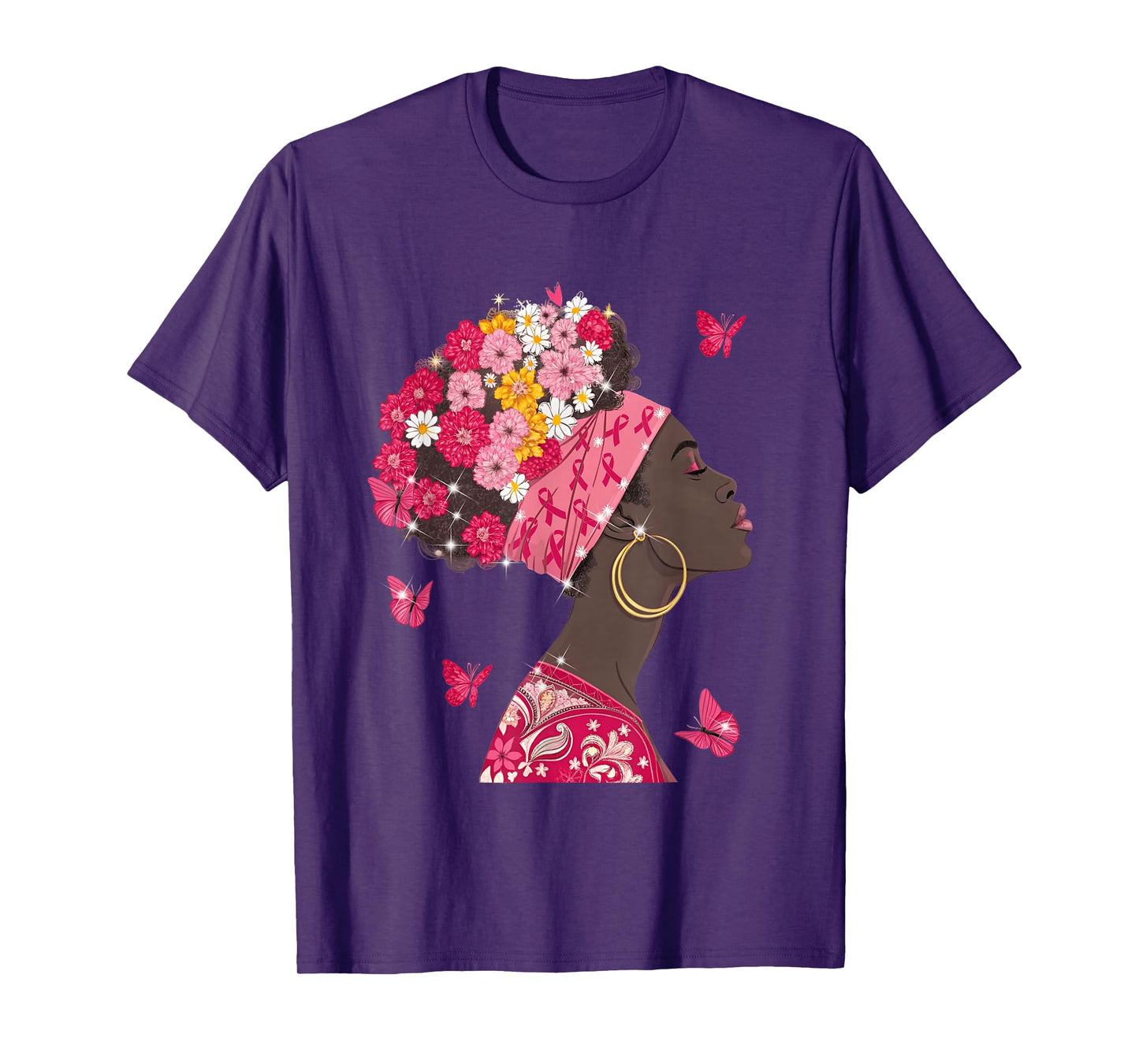 Floral Breast Cancer Black Women Afro Pink Ribbon Warrior T-Shirt