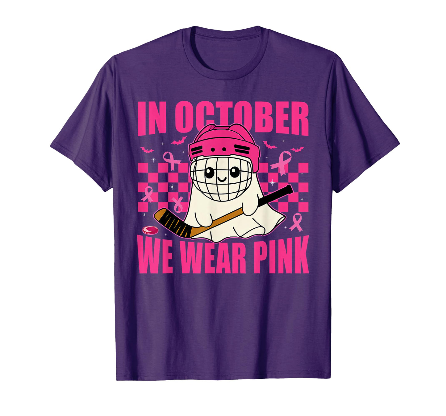 in October We Wear Pink Hockey Ghost Breast Cancer Awareness T-Shirt