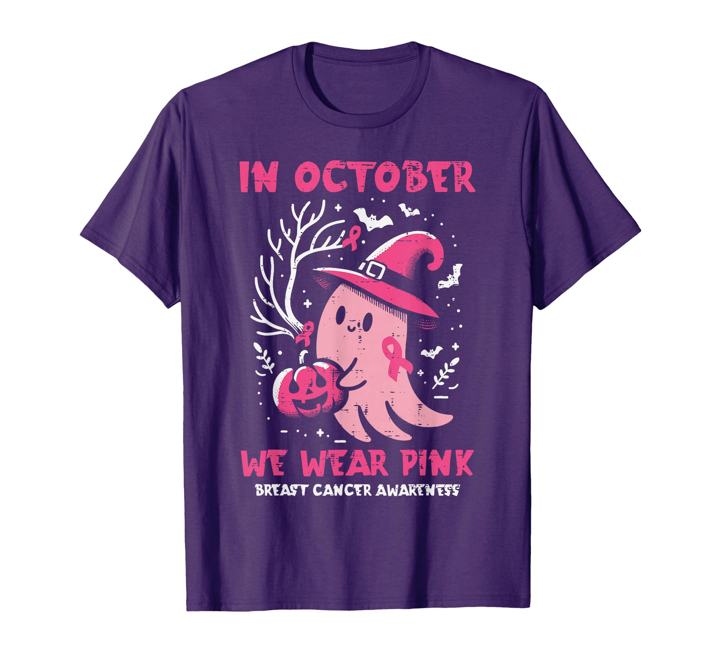 Breast Cancer Ghost Witch October Pink Aware Women Girls Kid T-Shirt