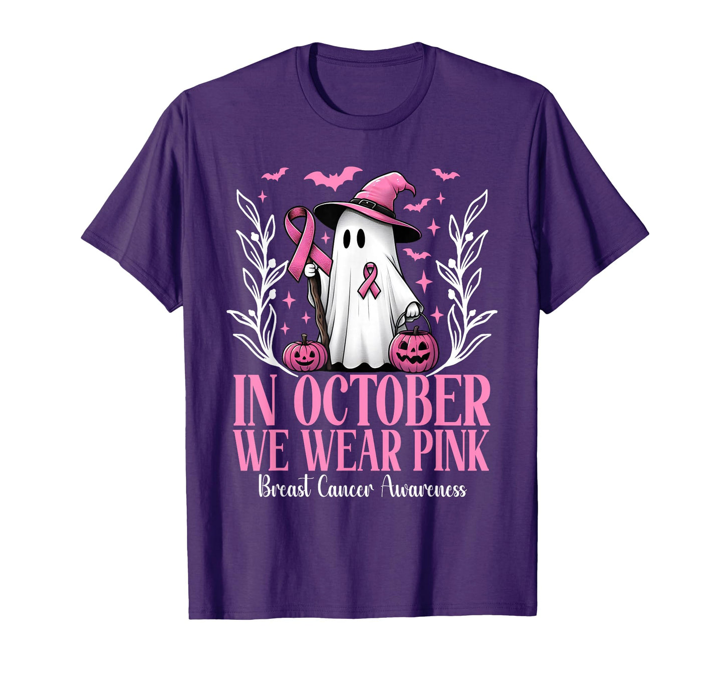 In October We Wear Pink Breast Cancer Witch Ghost Halloween T-Shirt