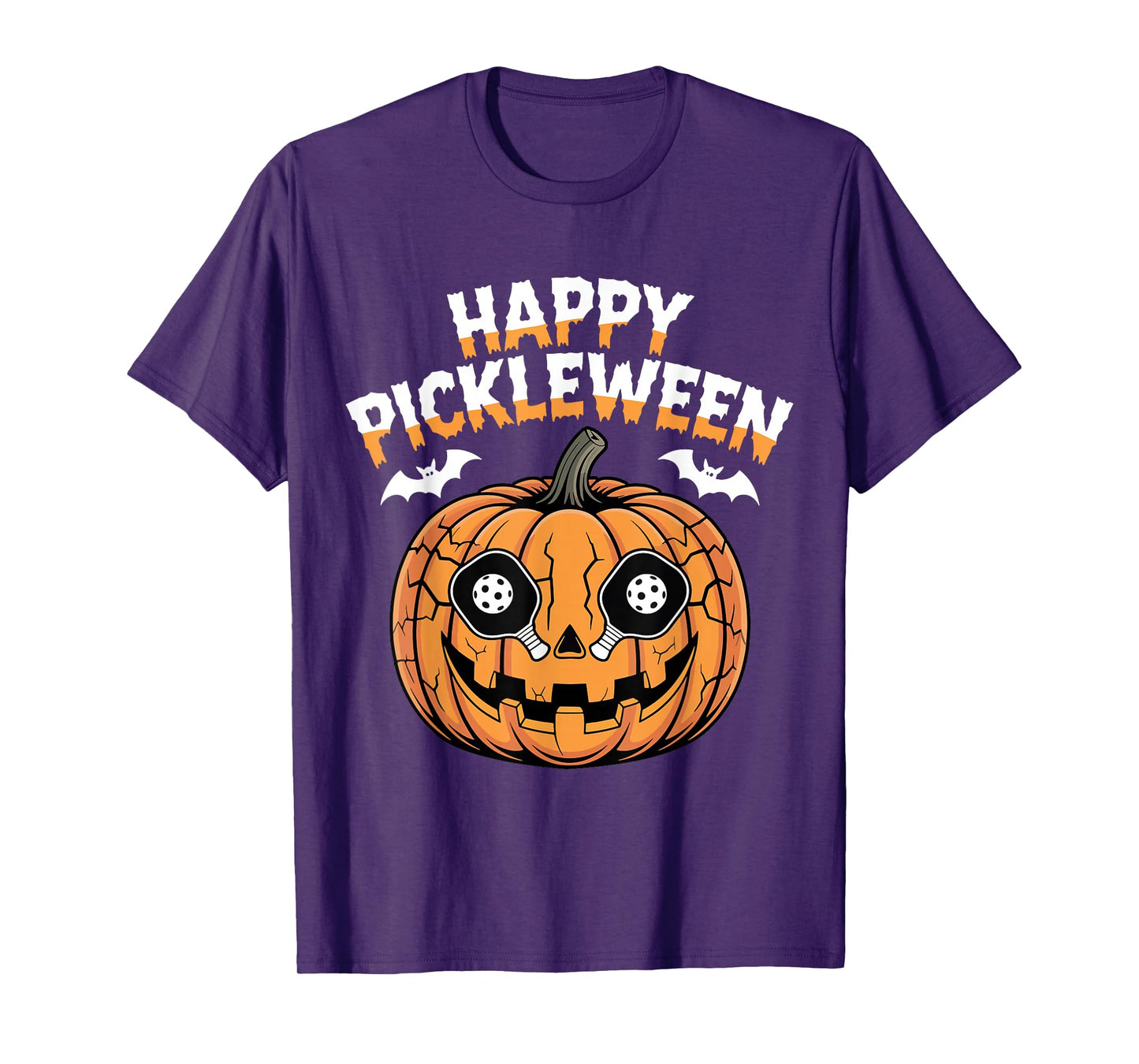 Happy Pickleween Pumpkin Bats Funny Pickleball Halloween T-Shirt
