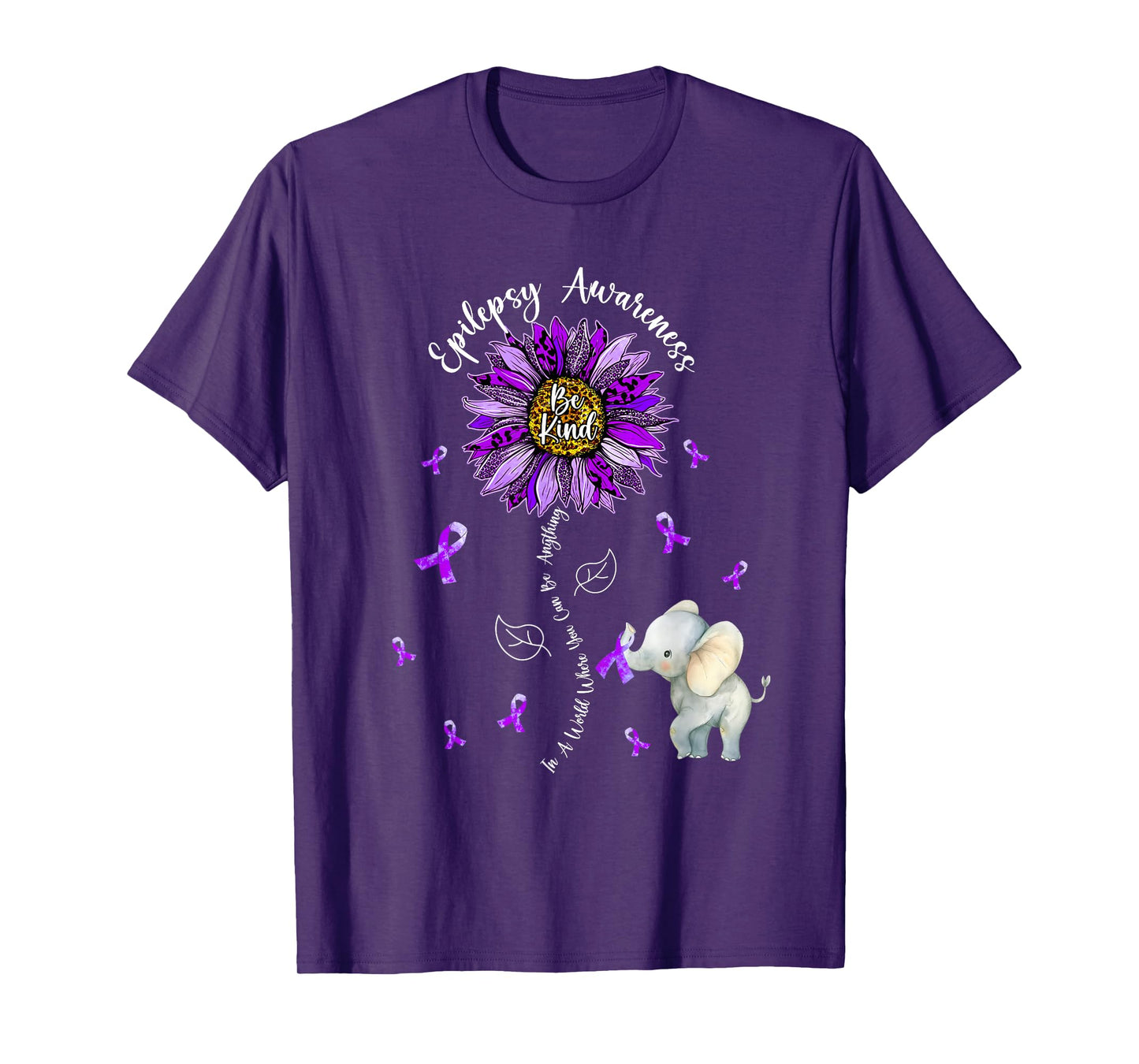 Be Kind Elephant Purple Sunflower Epilepsy Awareness T-Shirt