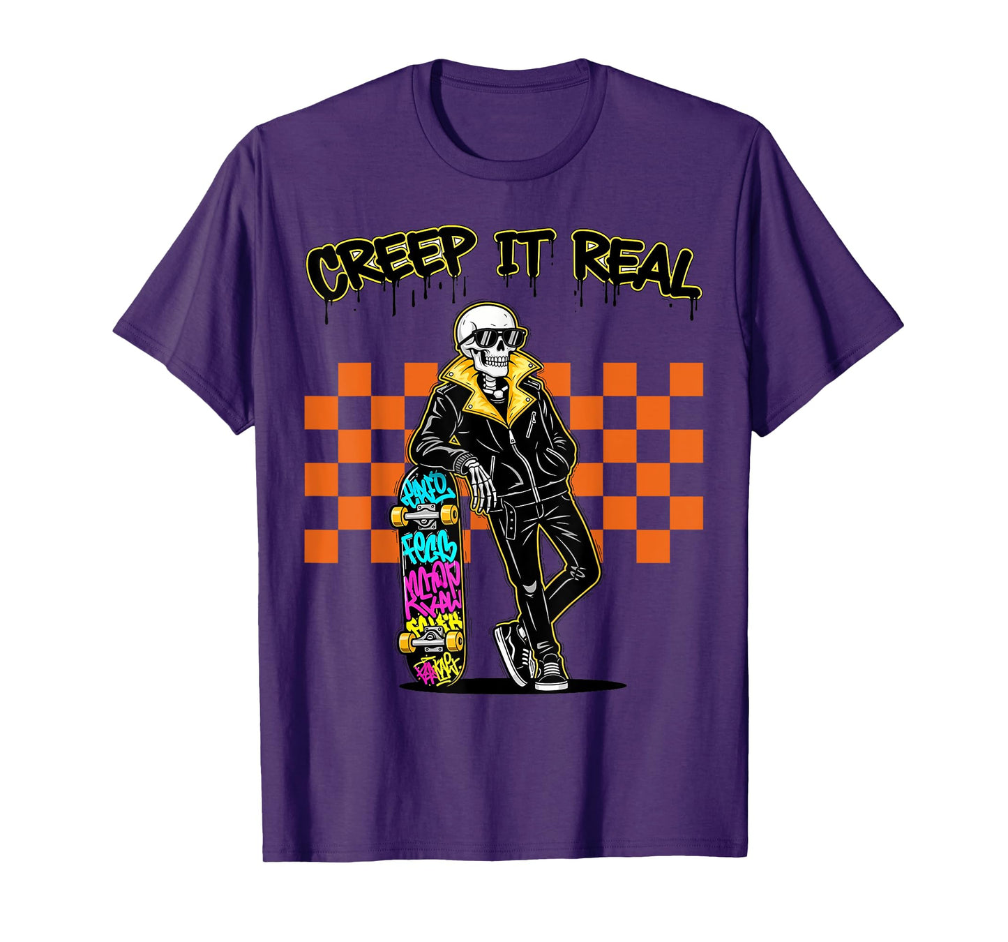 Creep It Real Spooky Ghost Skeleton Skateboarder Halloween T-Shirt