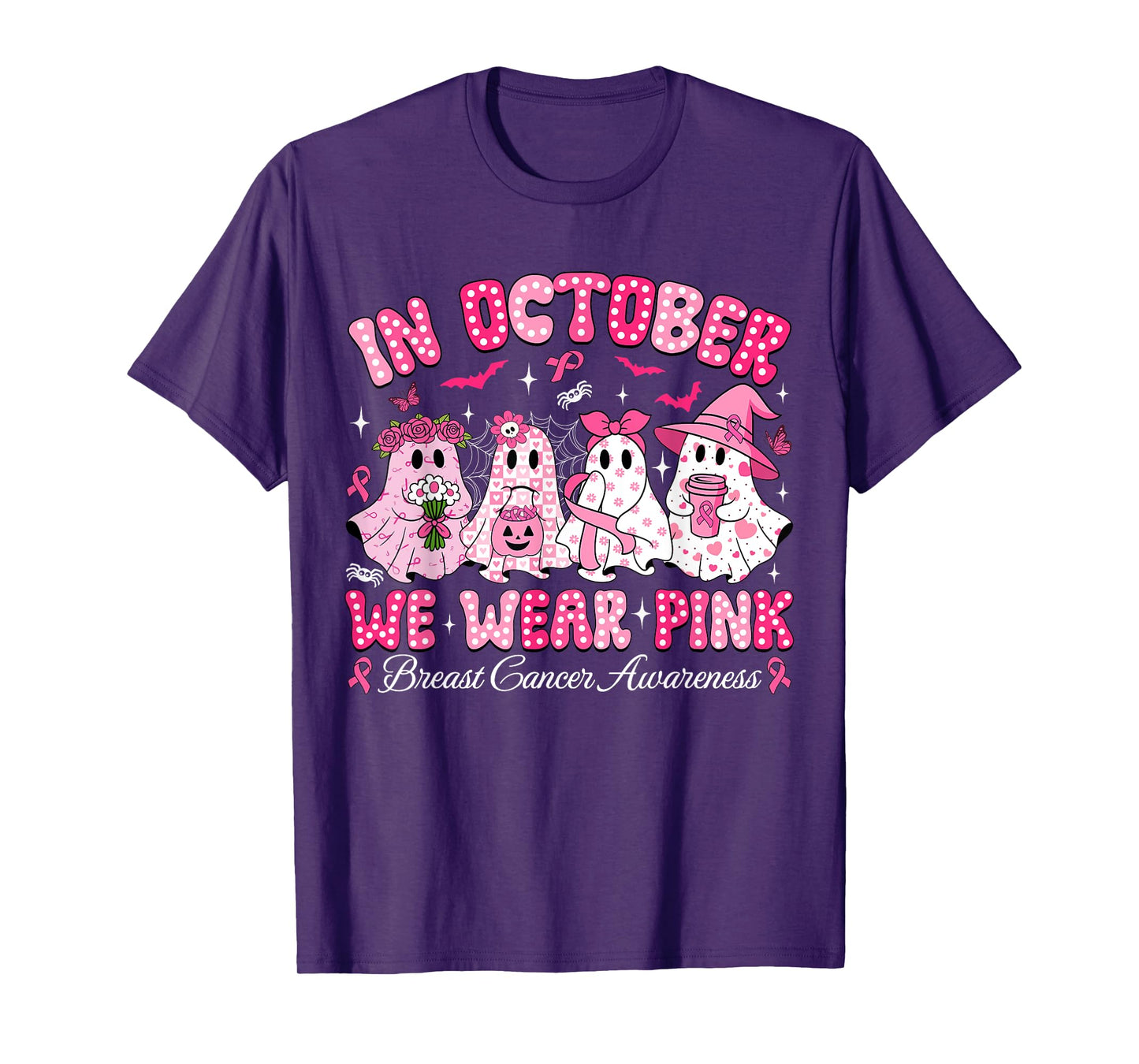 in October We Wear Pink Ghost Witch Breast Cancer Awareness T-Shirt