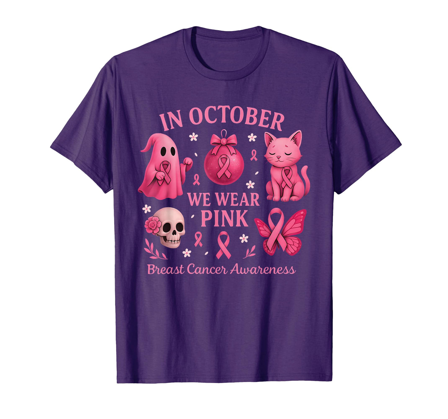 in October We Wear Pink Ghost Skeleton Breast Cancer Women T-Shirt